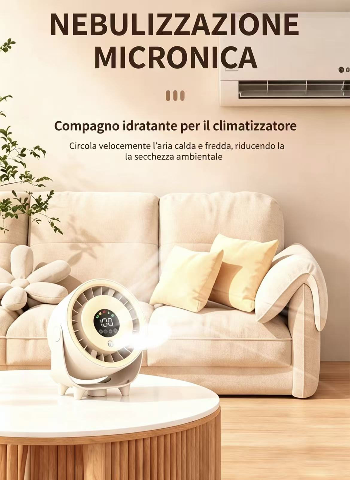Un umidificatore bianco su un tavolino davanti a un divano, emette vapore.