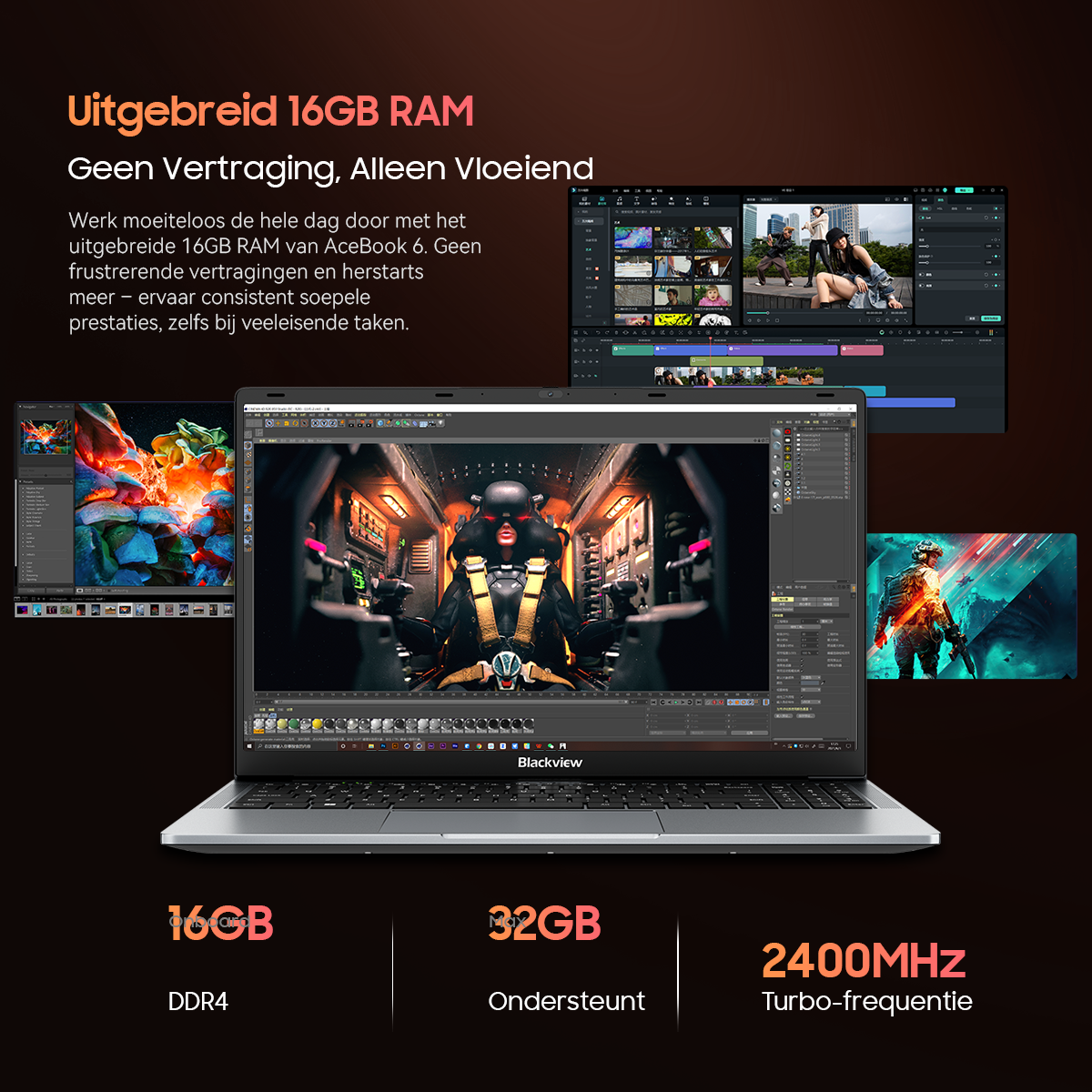 A laptop displays 3D rendering, video editing, and a game. 16GB RAM.
