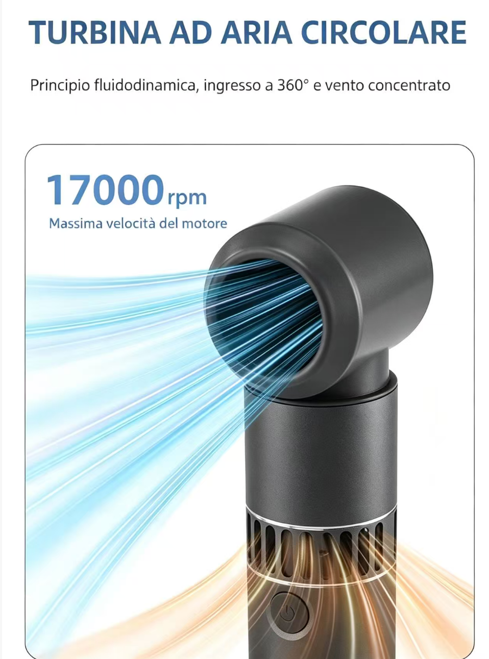 Un ventilatore nero senza pale da 17.000 giri/min, che emette aria blu.