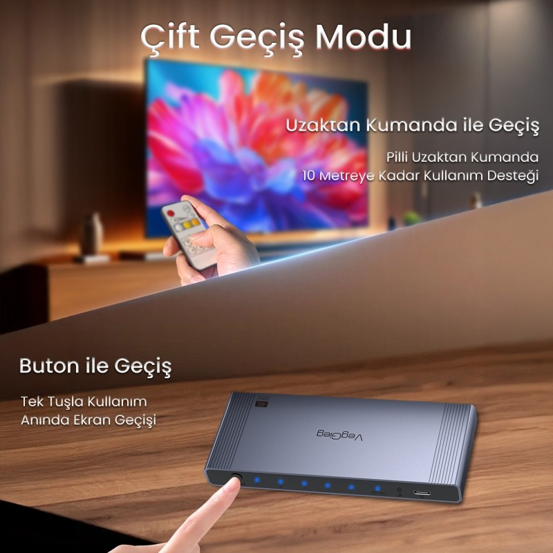 Mavi ışıklı bir cihaz ve TV önünde kumanda.