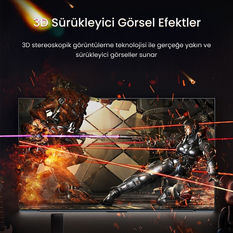 Robotlar ve savaşçı içeren 3D aksiyon sahnesi, lazer ışınları ve patlamalar.