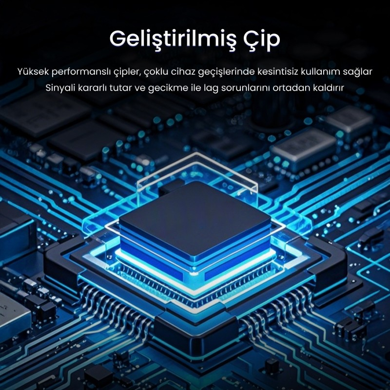 Mavi yollu bir devre kartı üzerinde parlayan bilgisayar çipi.