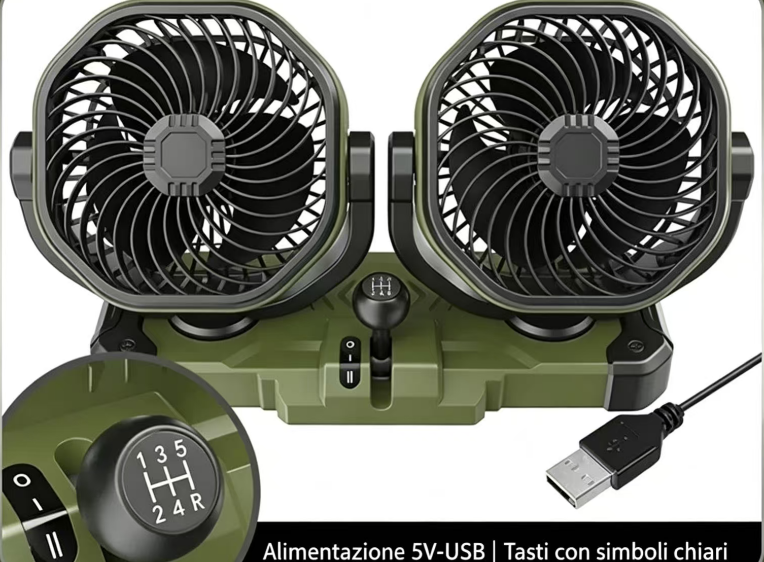 Ventilatore doppio verde con cavo USB e pomello del cambio.