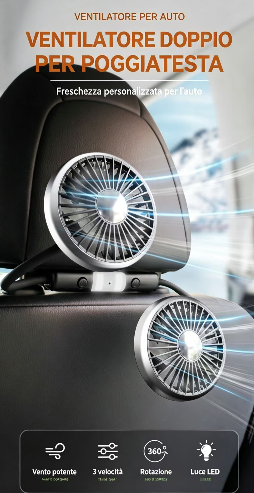 Due ventilatori per poggiatesta auto con luce LED, 3 velocità e rotazione 360°.