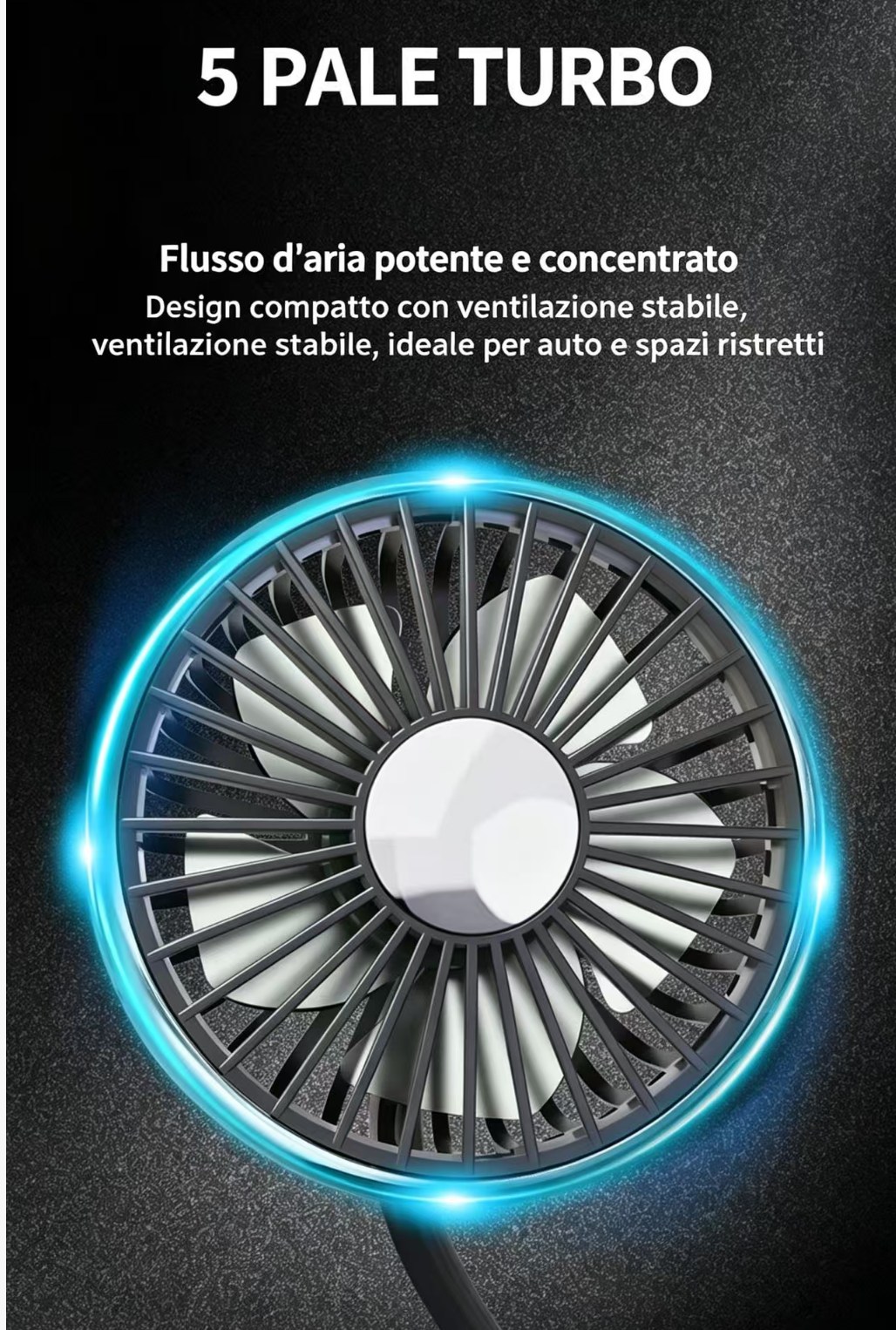 Una ventola turbo a 5 pale, illuminata di blu, su sfondo nero.
