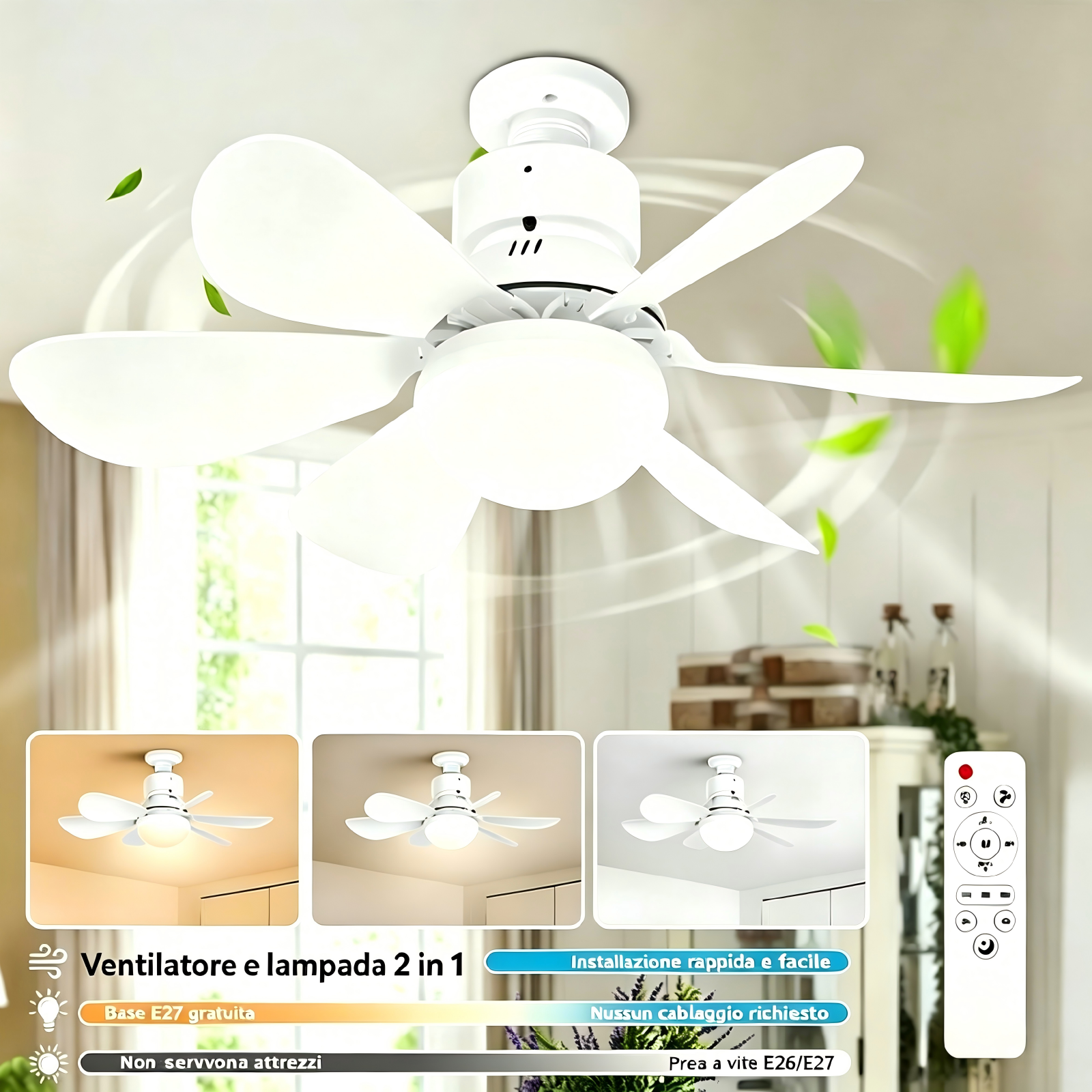 Un ventilatore da soffitto bianco con luce, che funziona come un dispositivo 2 in 1.