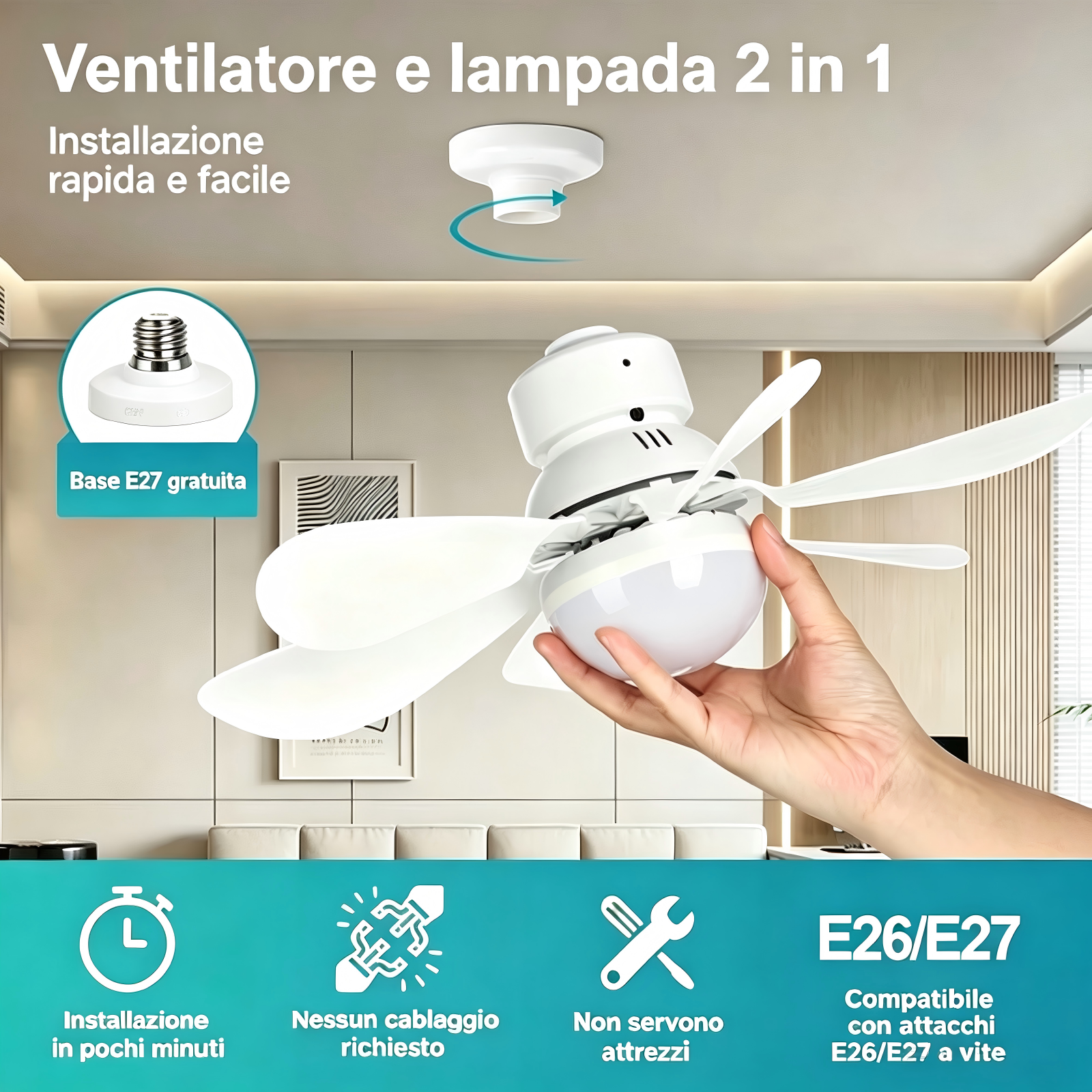 Un ventilatore da soffitto bianco con luce integrata è tenuto in mano.
