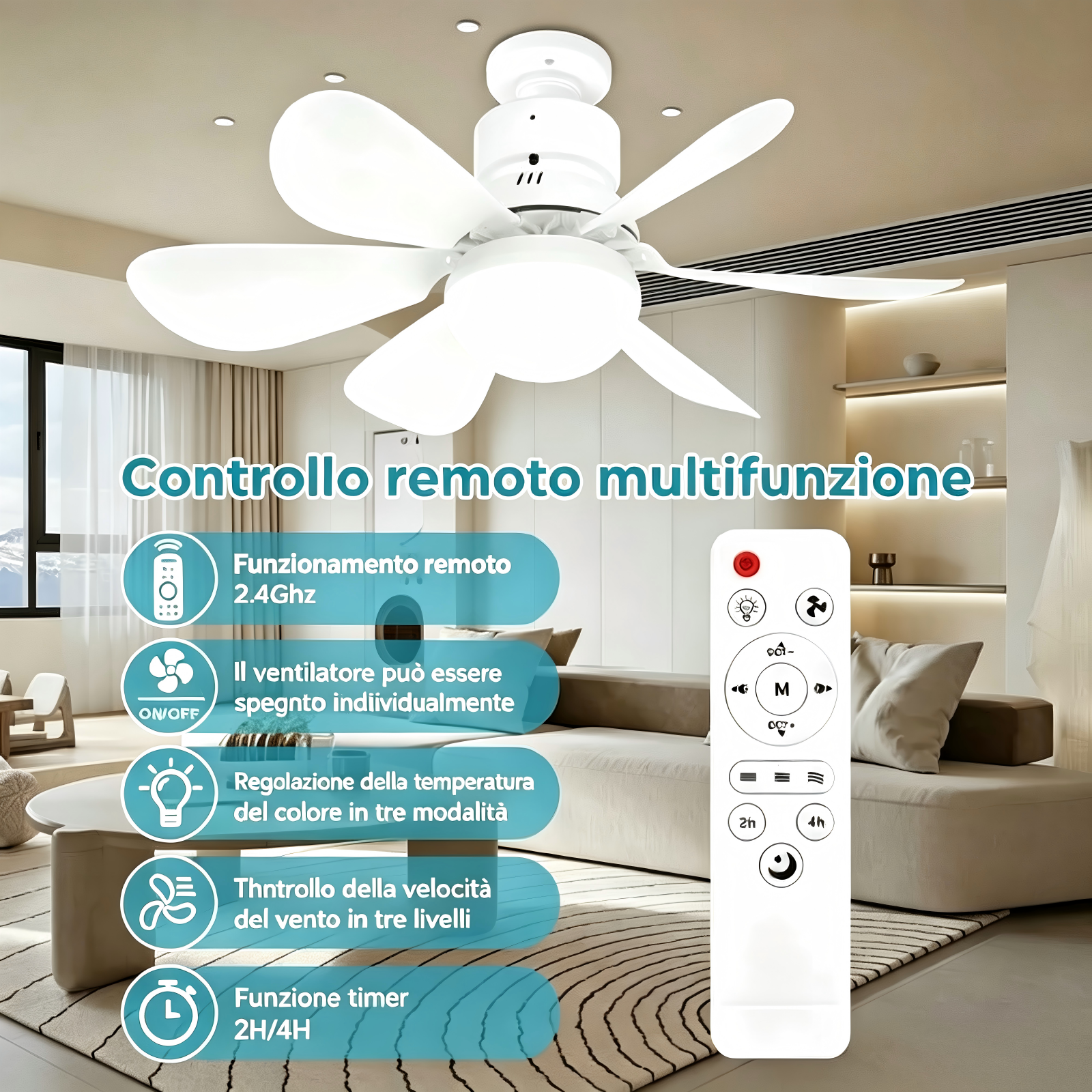 Un telecomando bianco per ventilatore da soffitto con timer e impostazioni di velocità.