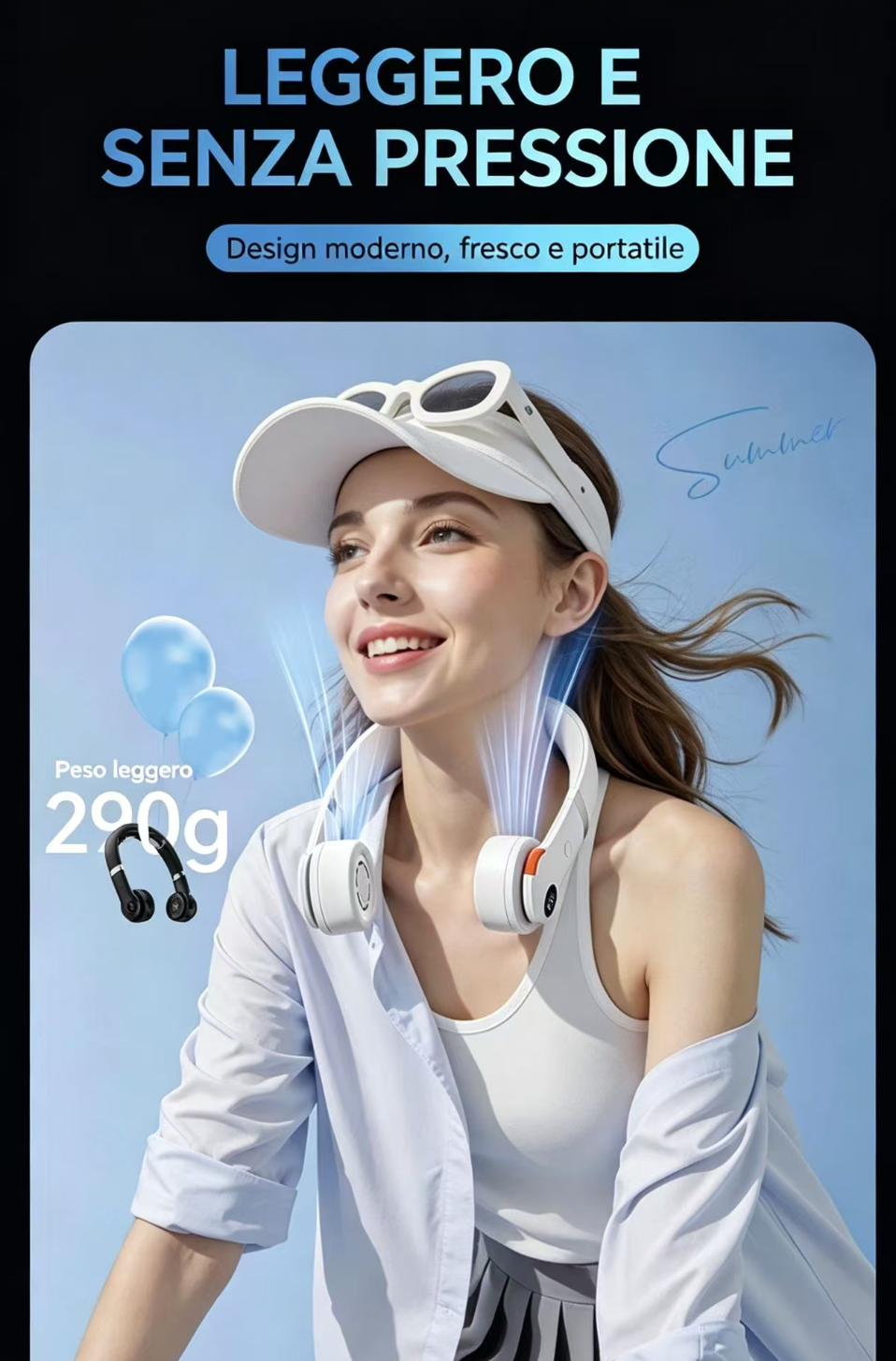Donna con ventilatore da collo, occhiali da sole, visiera bianca, indicatore 290g.