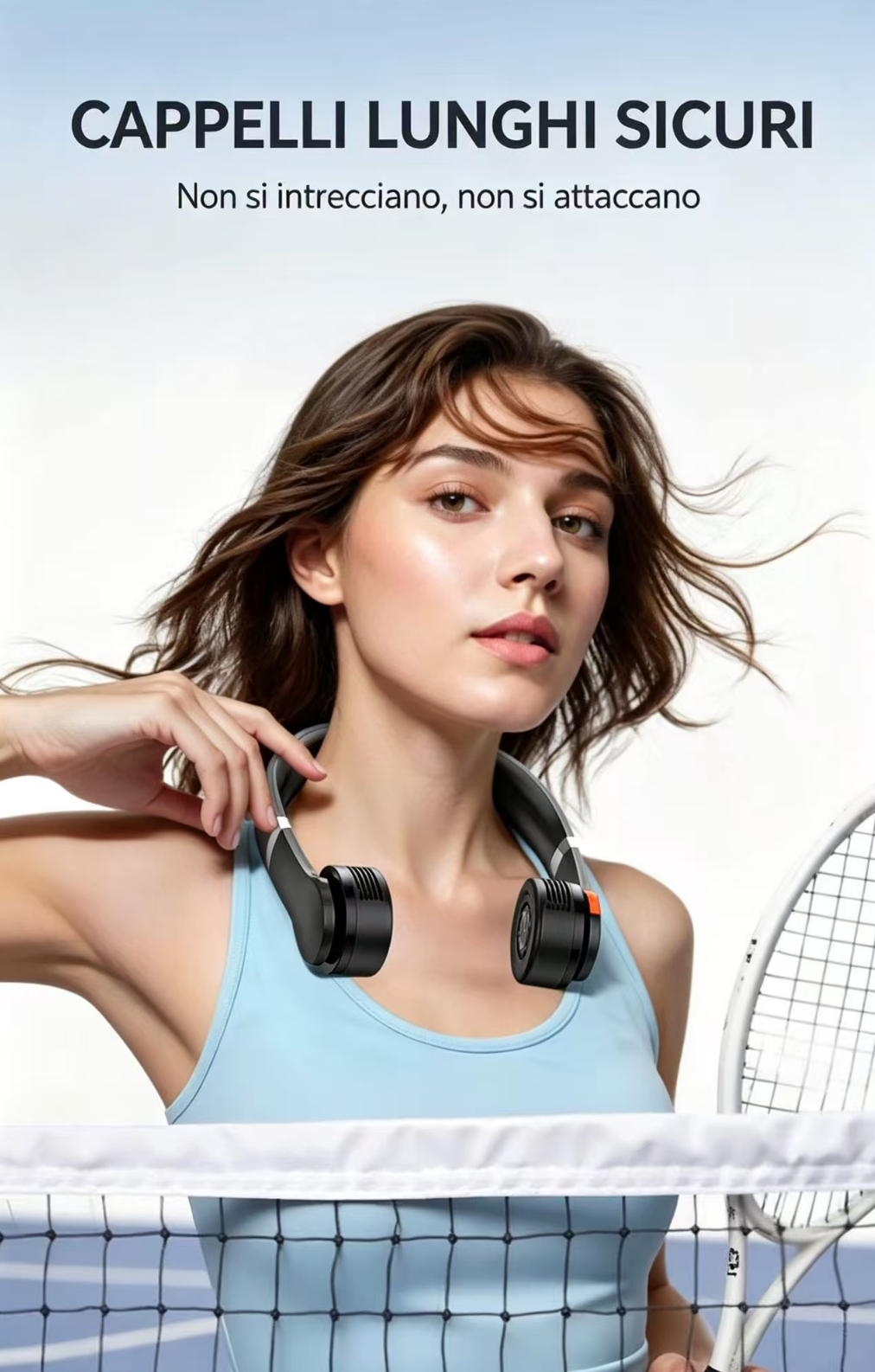 Donna con ventilatore da collo e racchetta da tennis, rete davanti.