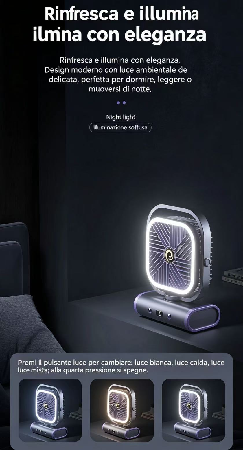 Un ventilatore moderno e illuminato su un comodino accanto a un letto.