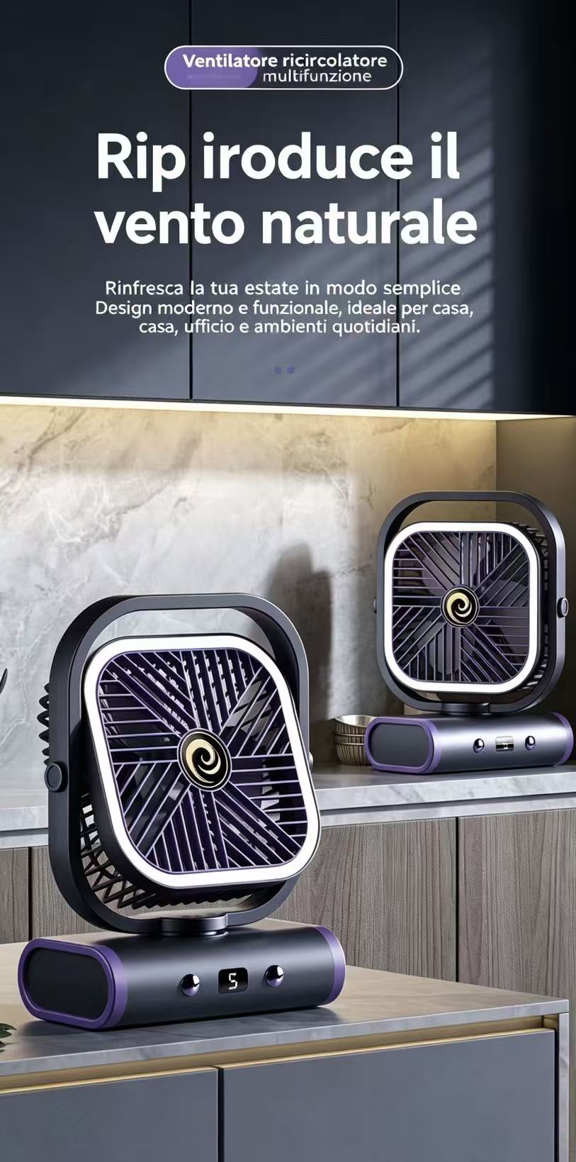 Due moderni ventilatori neri con accenti viola su un piano di lavoro.