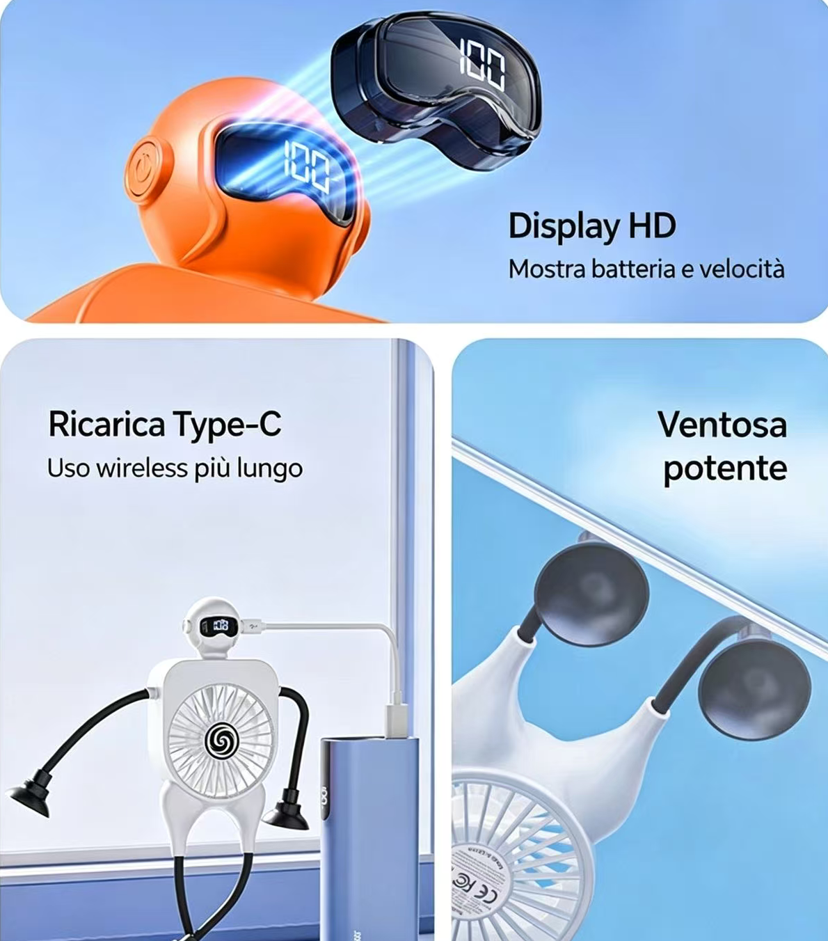 Testa robot arancione con occhiali VR, ventola robot bianca in carica, ventose potenti.