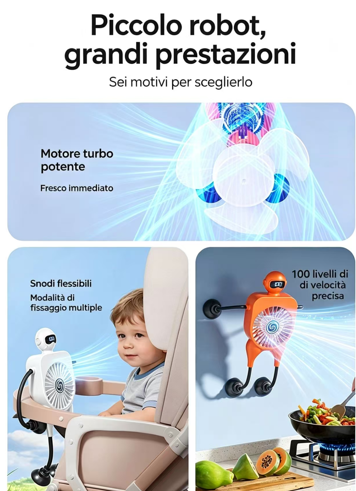 Un ventilatore robot appeso al muro, un bambino in un passeggino.