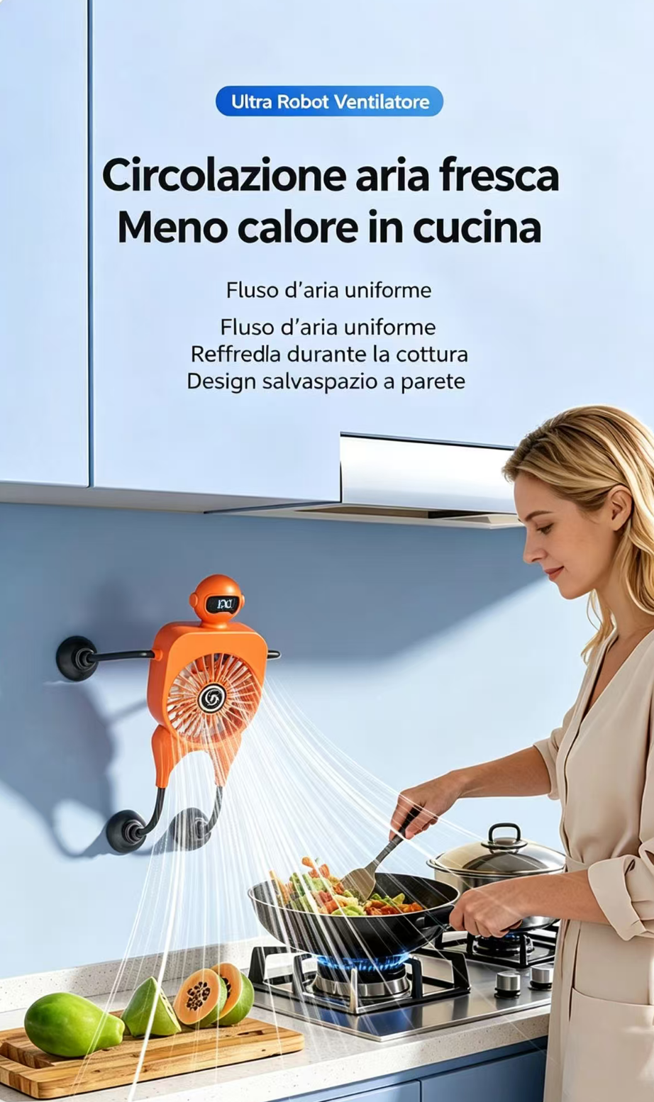 Un ventilatore robot arancione raffredda una donna che cucina in cucina.