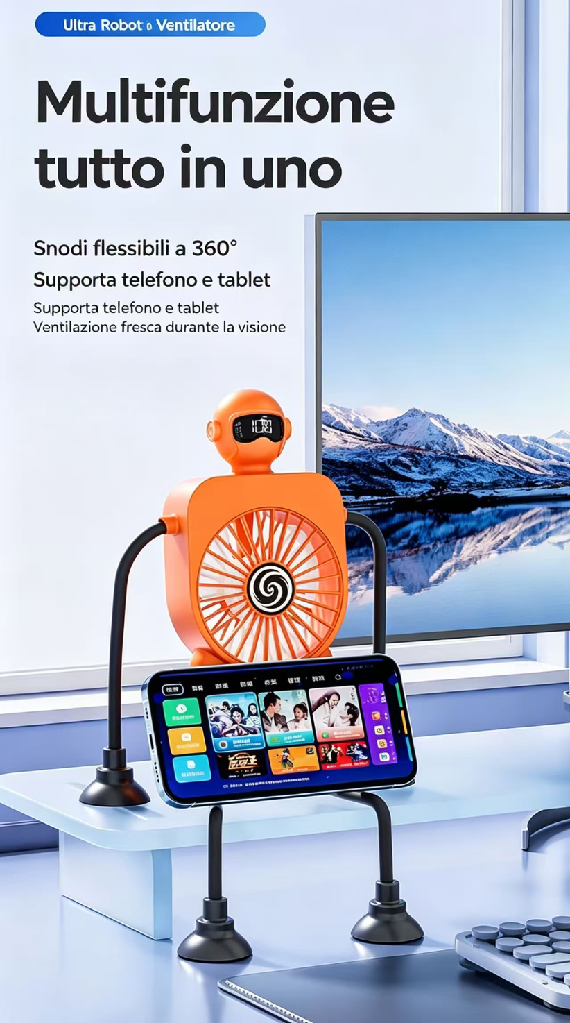 Un ventilatore robot arancione tiene uno smartphone con interfaccia app. Grande schermo sullo sfondo.