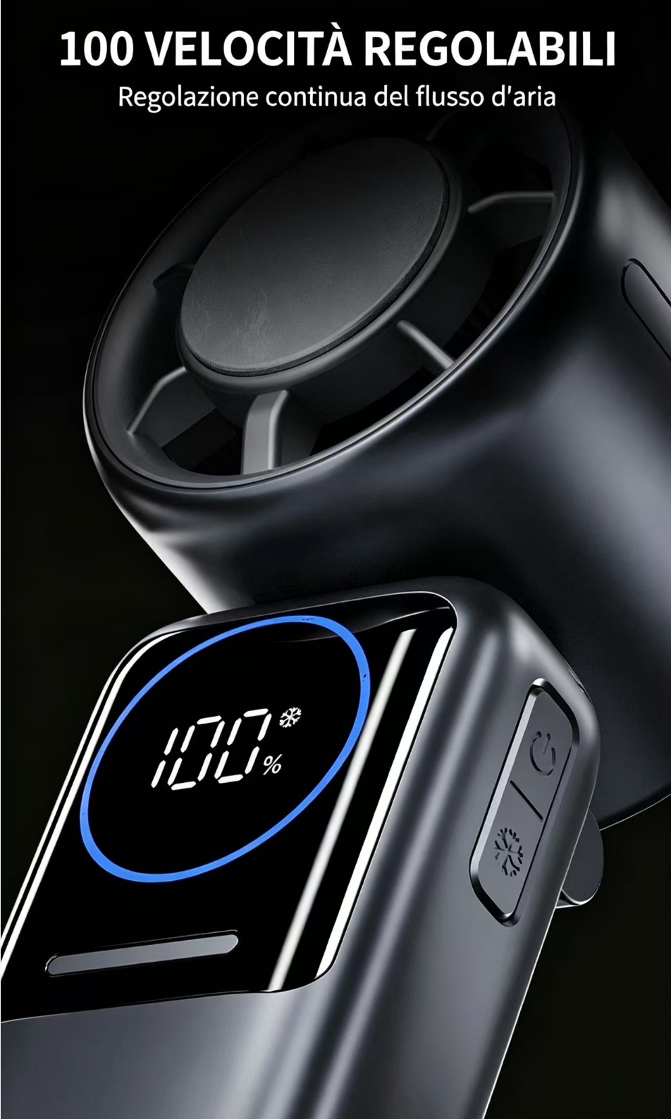 Ventilatore nero con display digitale 100% e pulsanti.