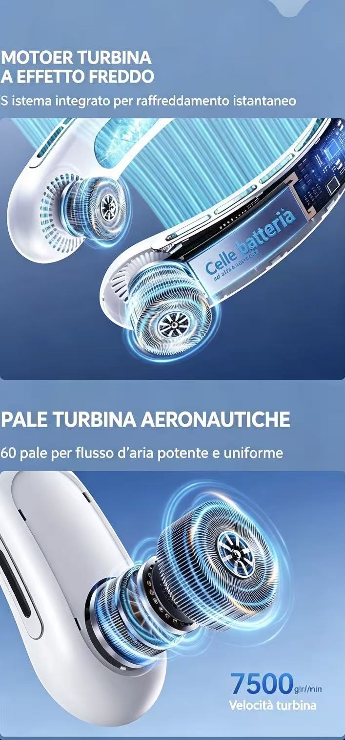 Primo piano di una ventola bianca con pale a turbina e visualizzazione del flusso d'aria.