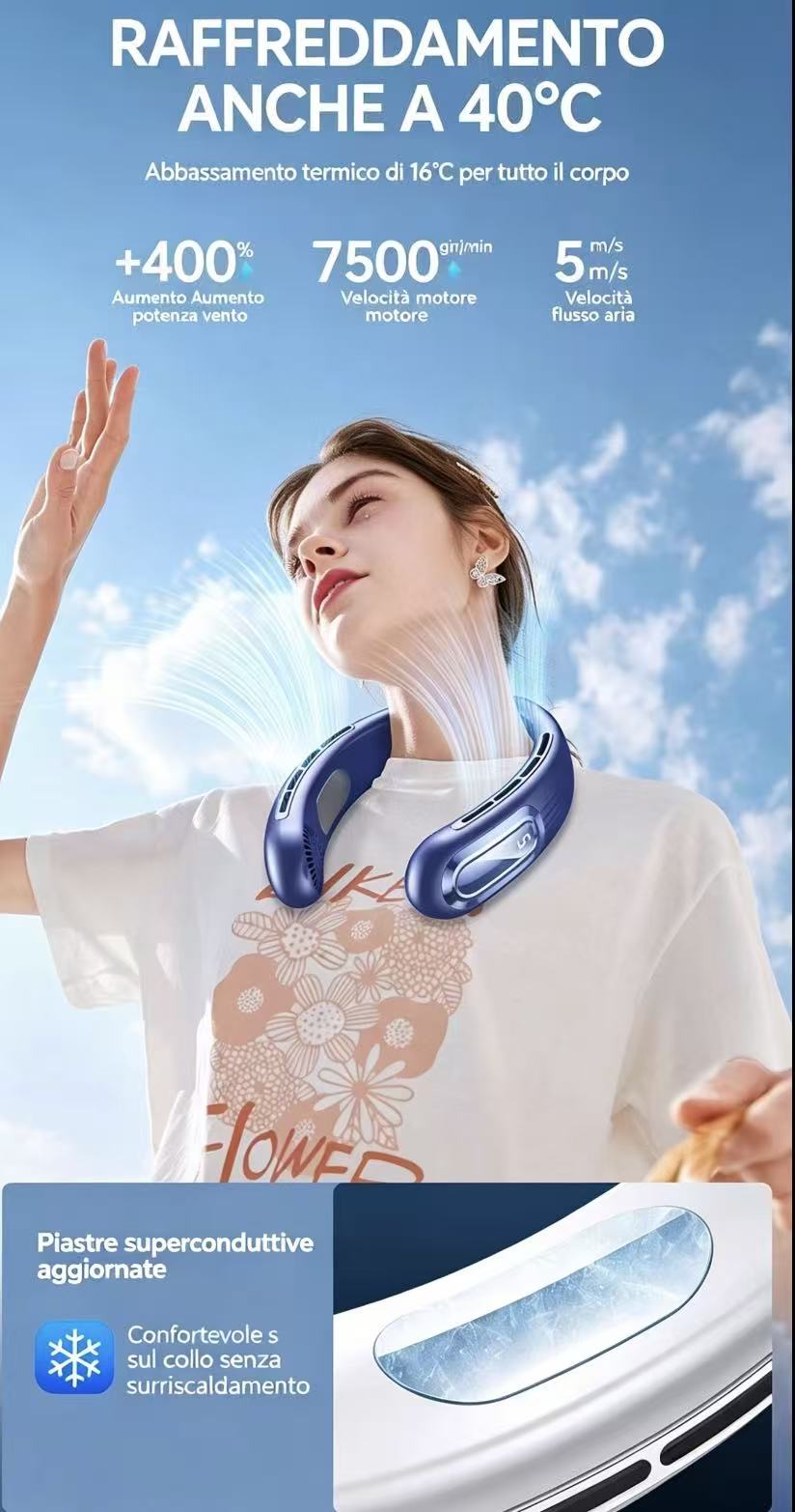 Donna con ventilatore da collo che emette aria. Specifiche in italiano.