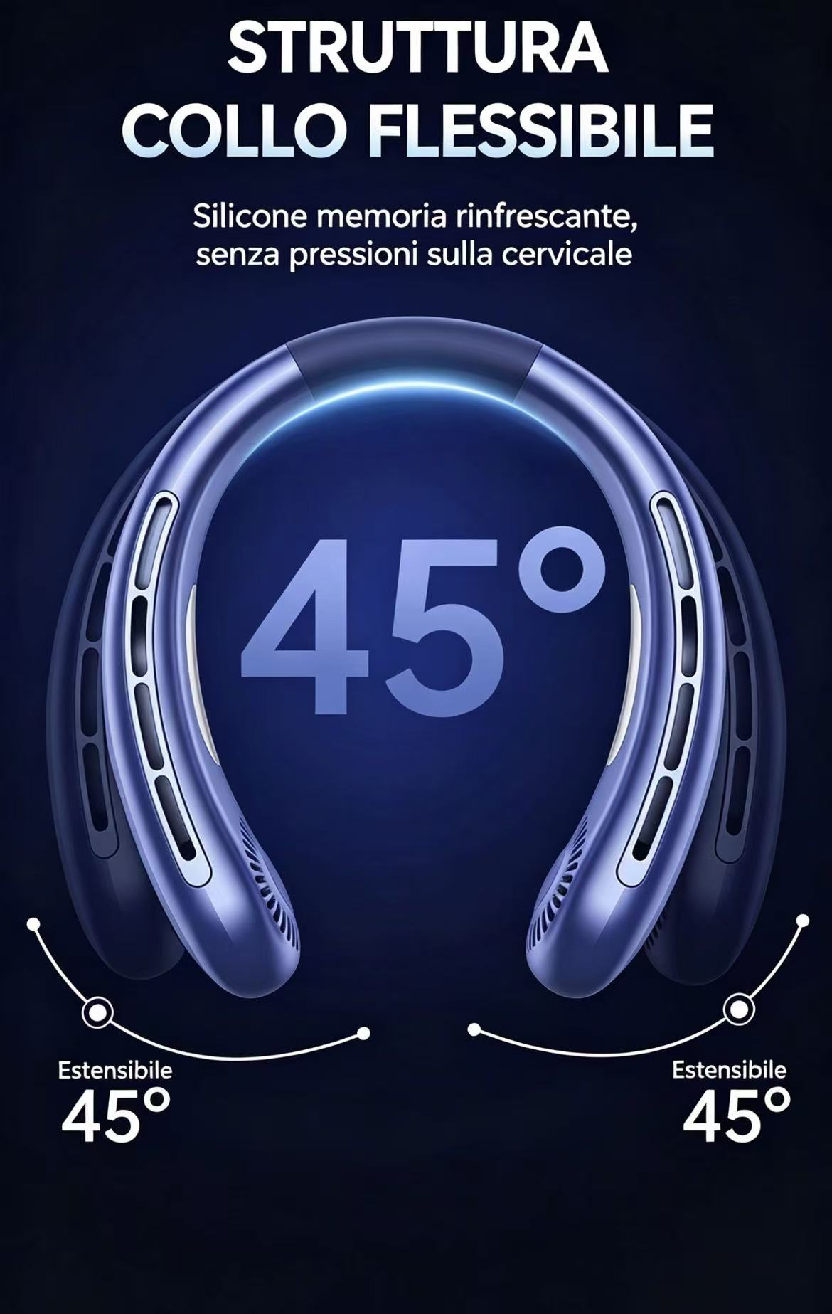 Un ventilatore da collo blu flessibile con estensione di 45° e raffreddamento.