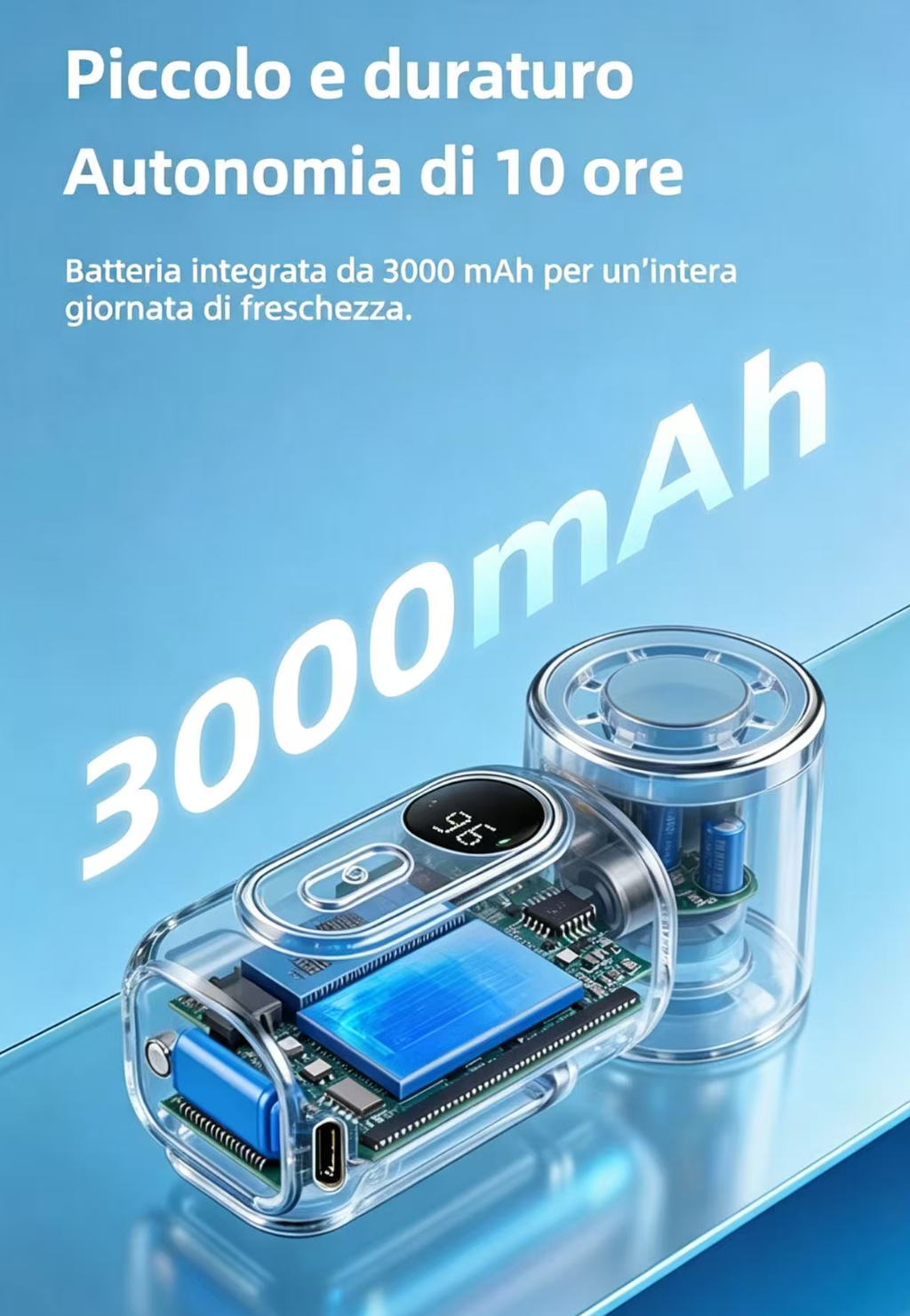 Batteria trasparente da 3000 mAh con display digitale.