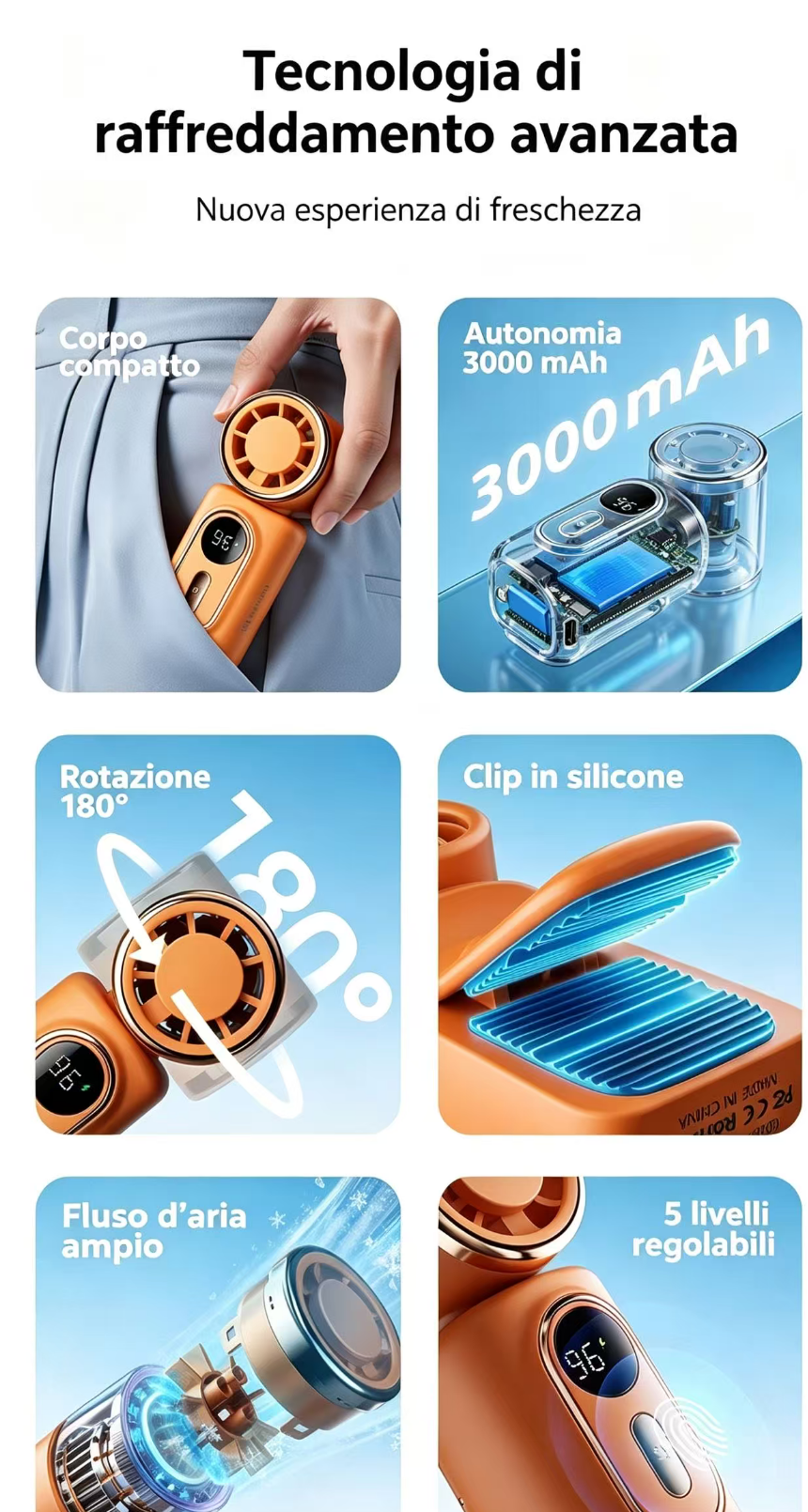 Ventilatore arancione con batteria 3000mAh, rotazione 180°, clip silicone, flusso ampio.