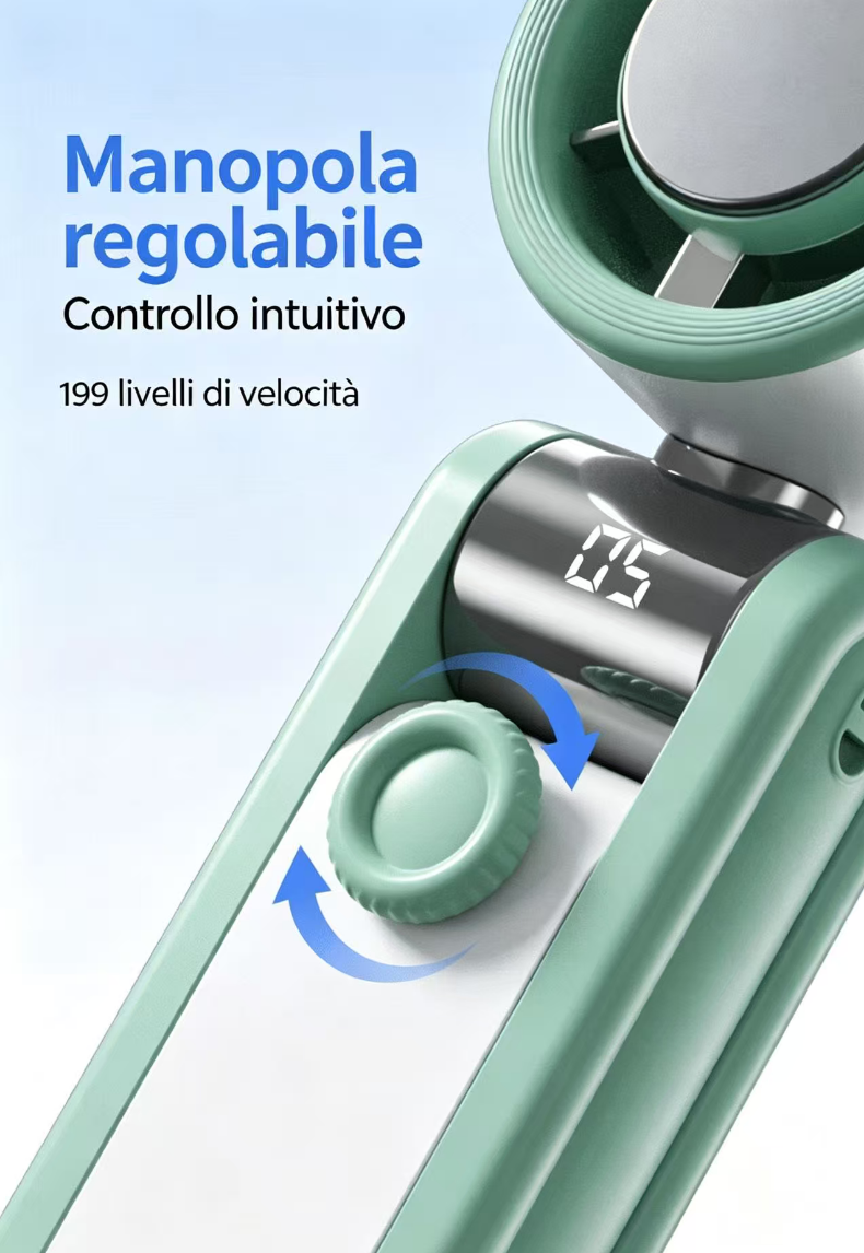 Un ventilatore verde menta con manopola regolabile e display digitale della velocità.