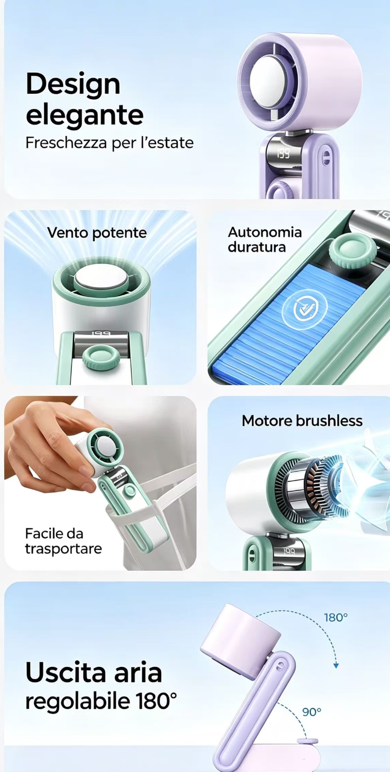 Un ventilatore portatile viola e verde, mostra varie viste e funzionalità.