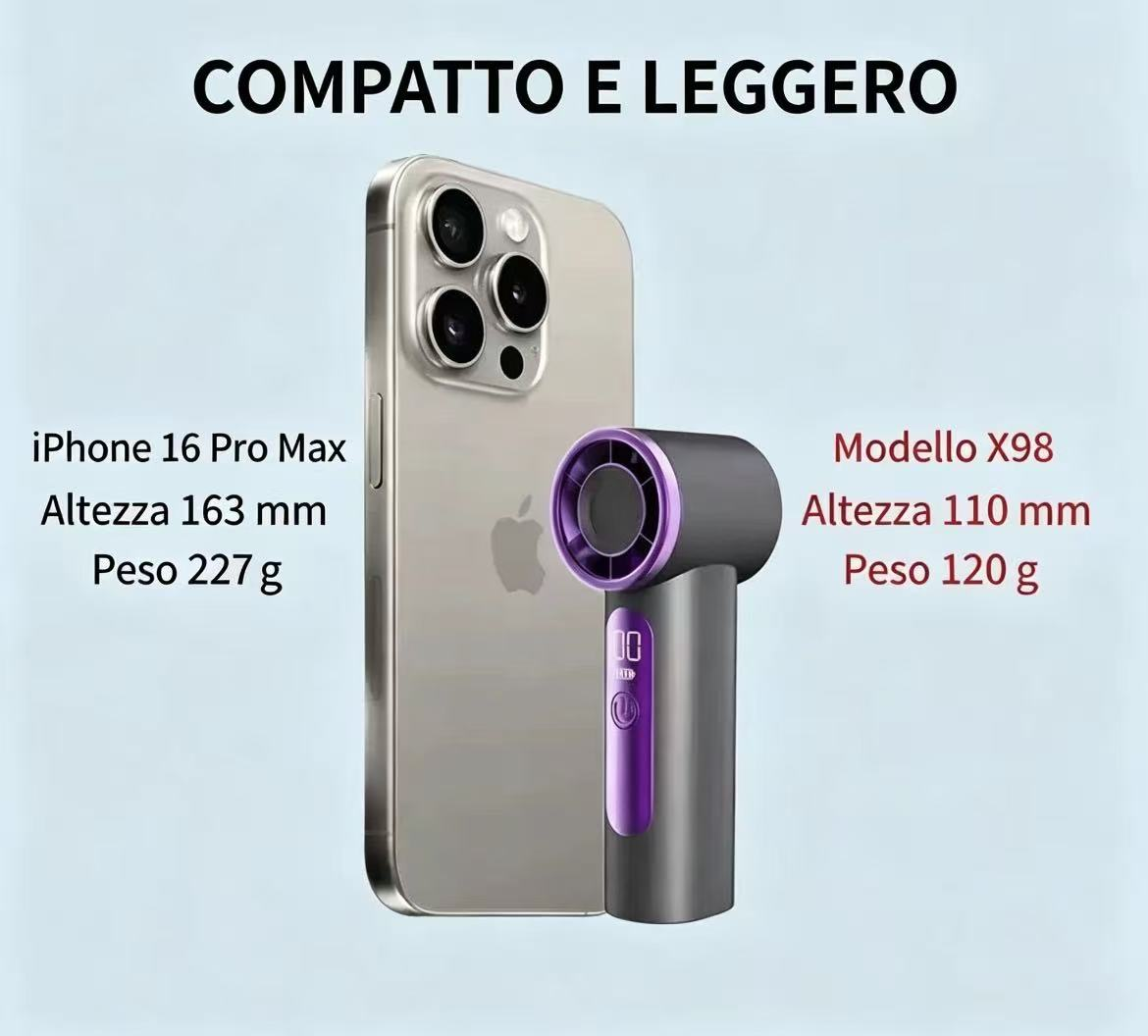 Un iPhone 16 Pro Max argento accanto a un asciugacapelli grigio e viola Modello X98.