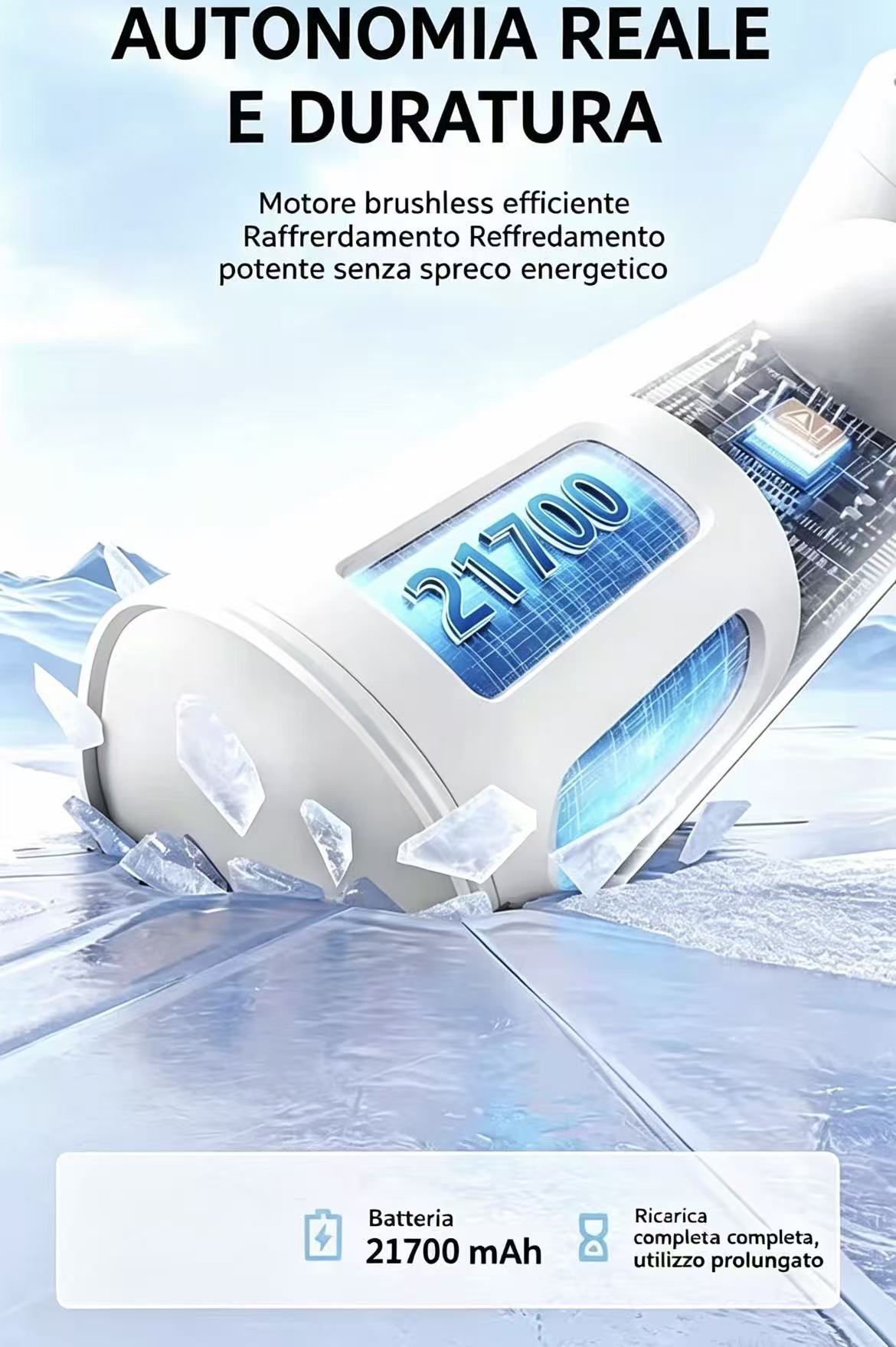 Dispositivo bianco con display batteria 21700, su superficie ghiacciata e fessurata.