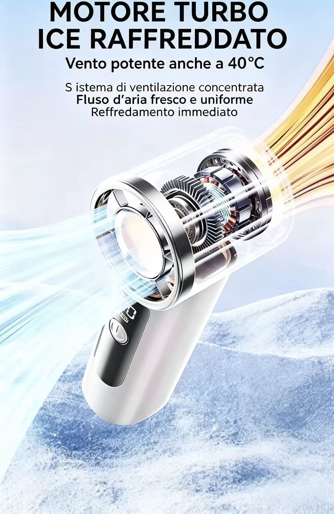 Un ventilatore bianco portatile con motore visibile e flusso d'aria blu.