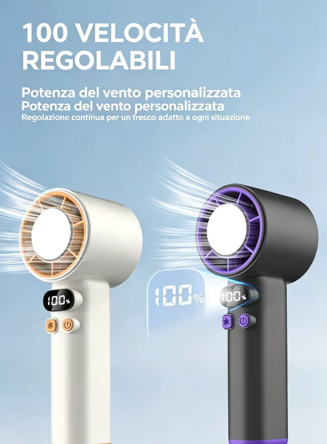 Due ventilatori portatili, uno bianco, uno nero, con display digitali e flusso d'aria.