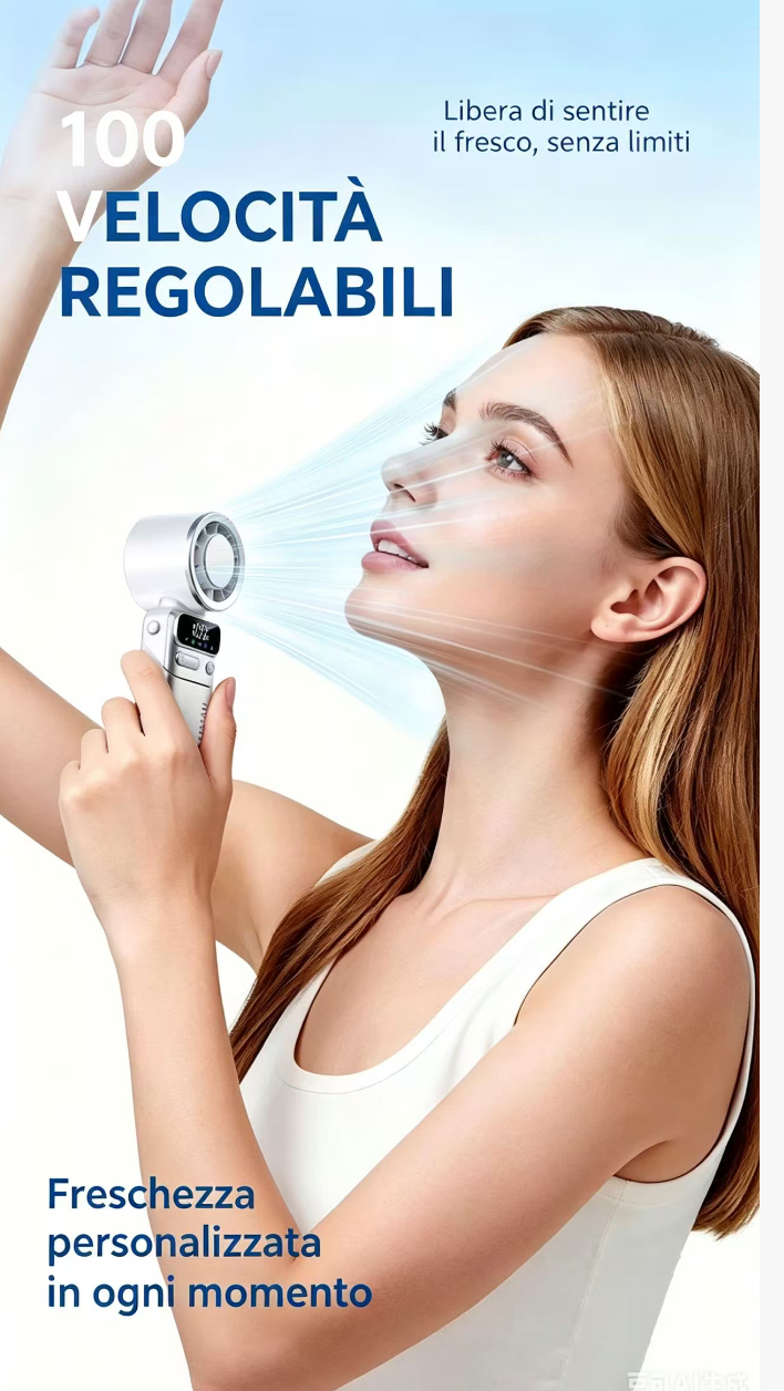 Una donna tiene un ventilatore che dirige un flusso d'aria fresca sul viso.