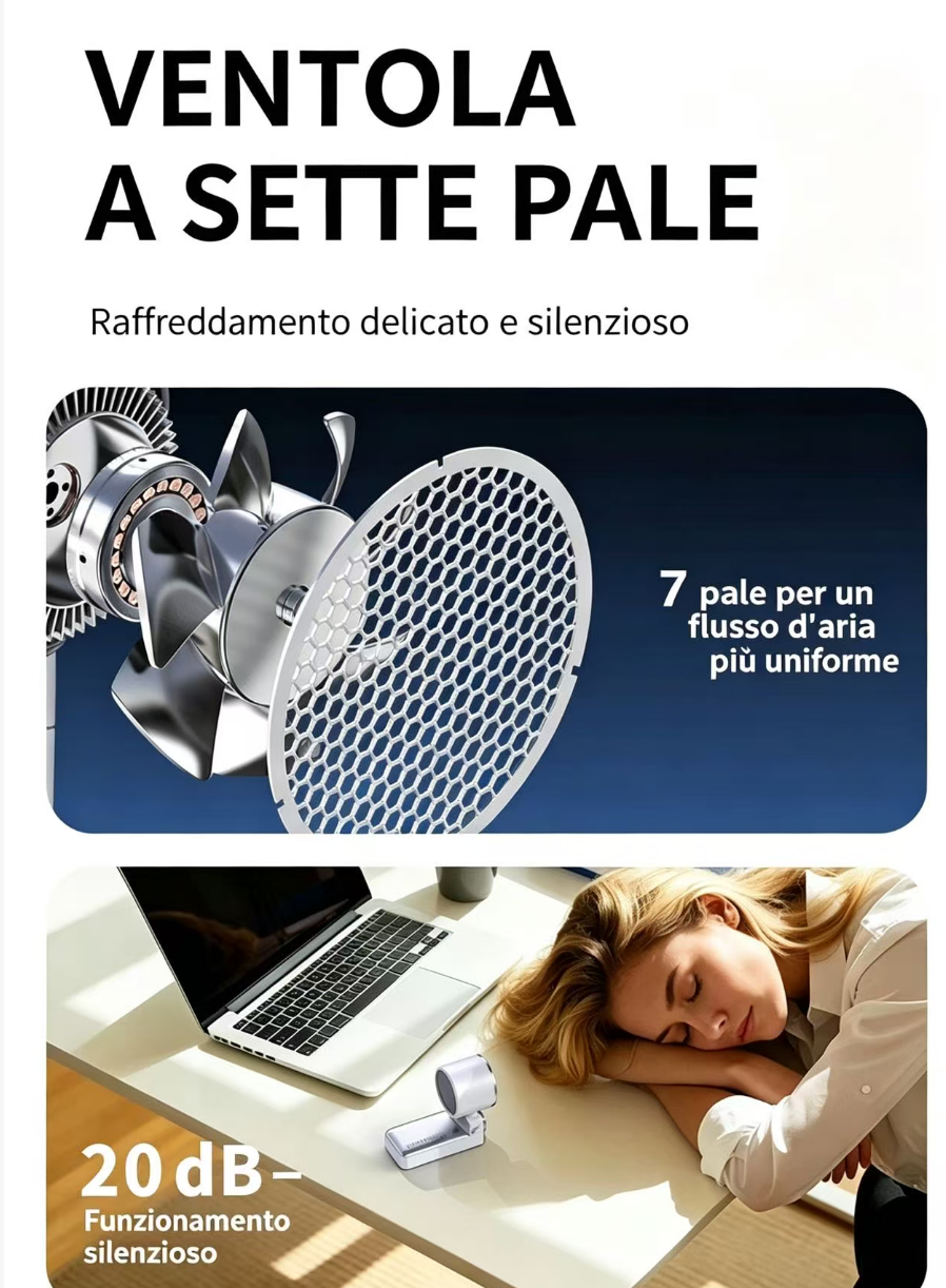 Primo piano di un ventilatore a sette pale e una donna che dorme alla scrivania.