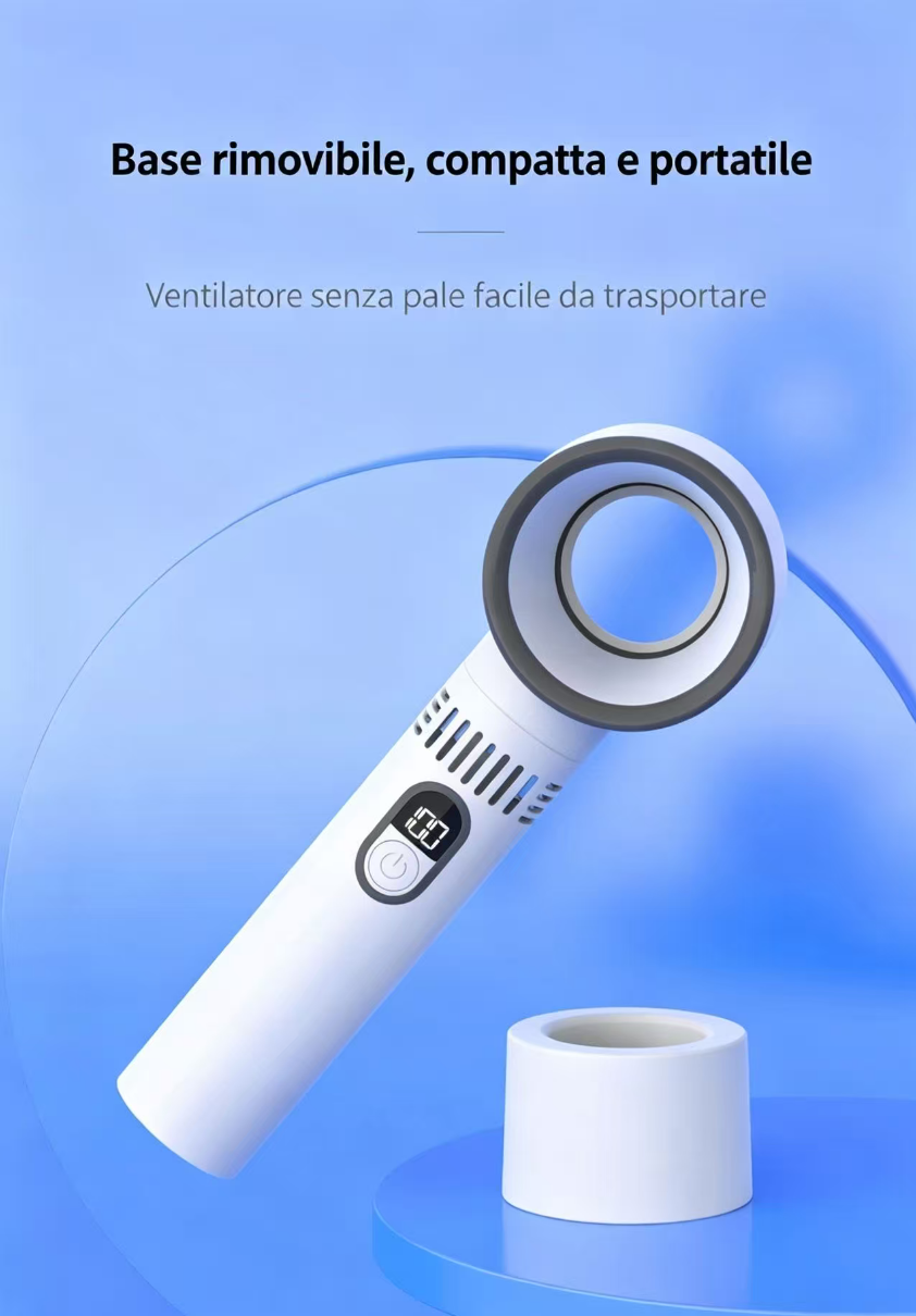 Un ventilatore bianco, portatile e senza pale con display digitale e base rimovibile.