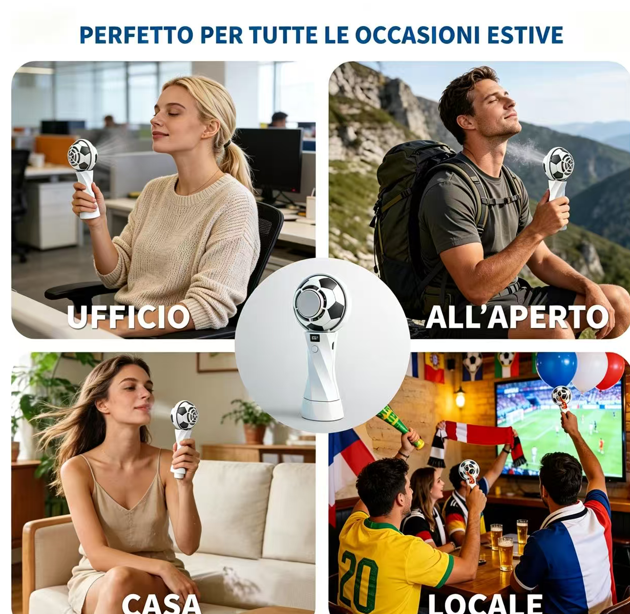 Quattro scene mostrano un ventilatore portatile con motivo calcistico in ufficio, all'aperto, a casa e al bar.