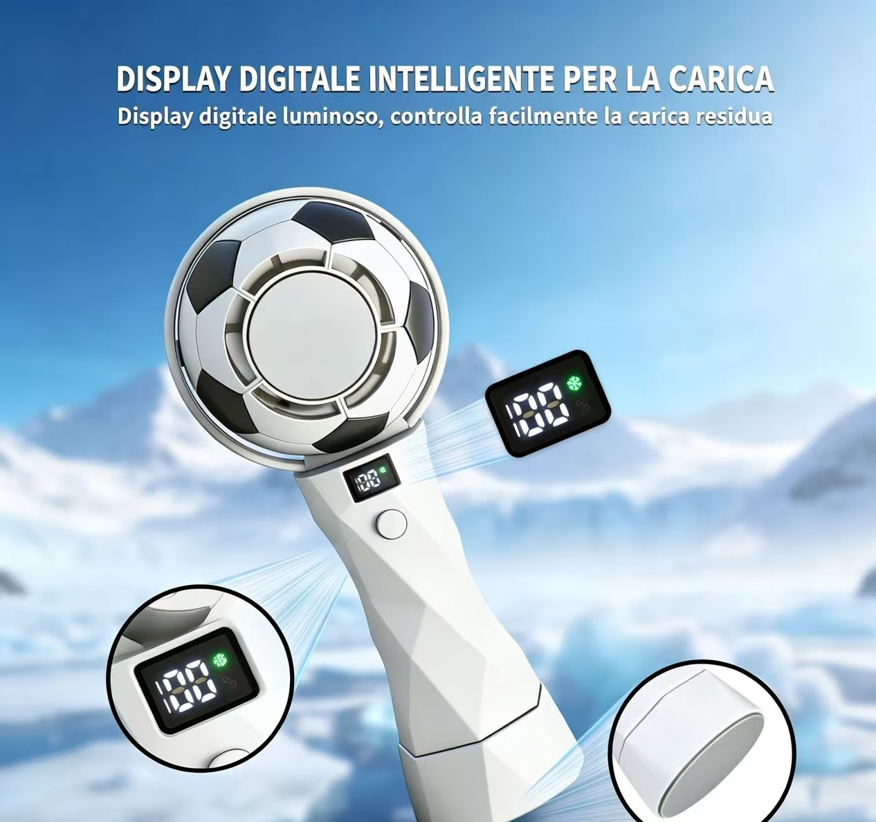 Ventilatore bianco a tema calcetto con display digitale al 100%.