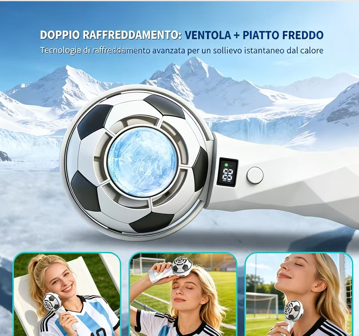 Ventilatore a forma di pallone da calcio con piastra refrigerante, su sfondo di montagne innevate.