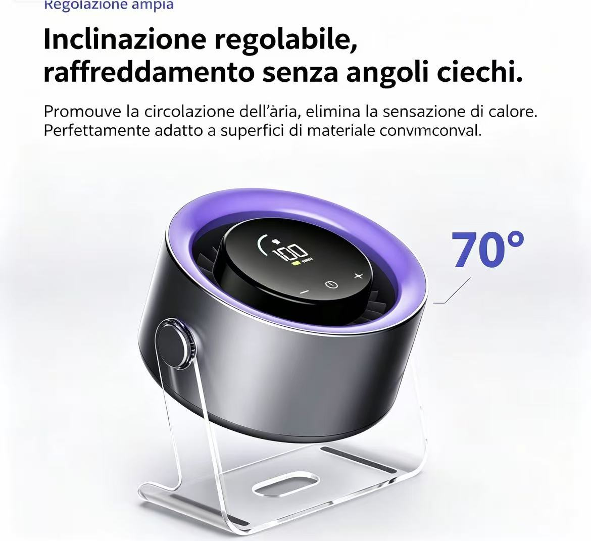 Ventilatore grigio con griglia viola e display digitale su supporto trasparente.