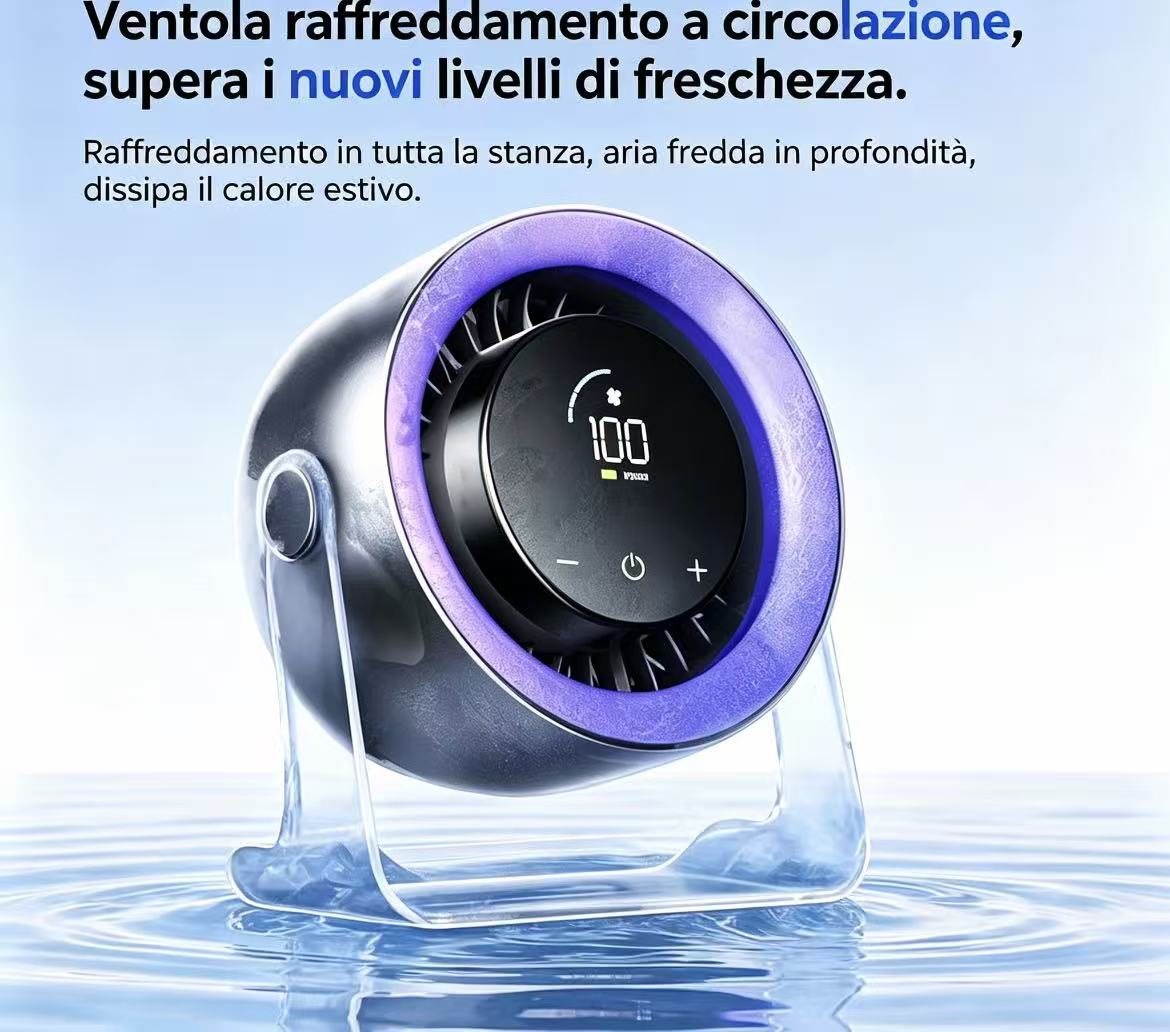 Un ventilatore rotondo e viola con display digitale su una superficie d'acqua.