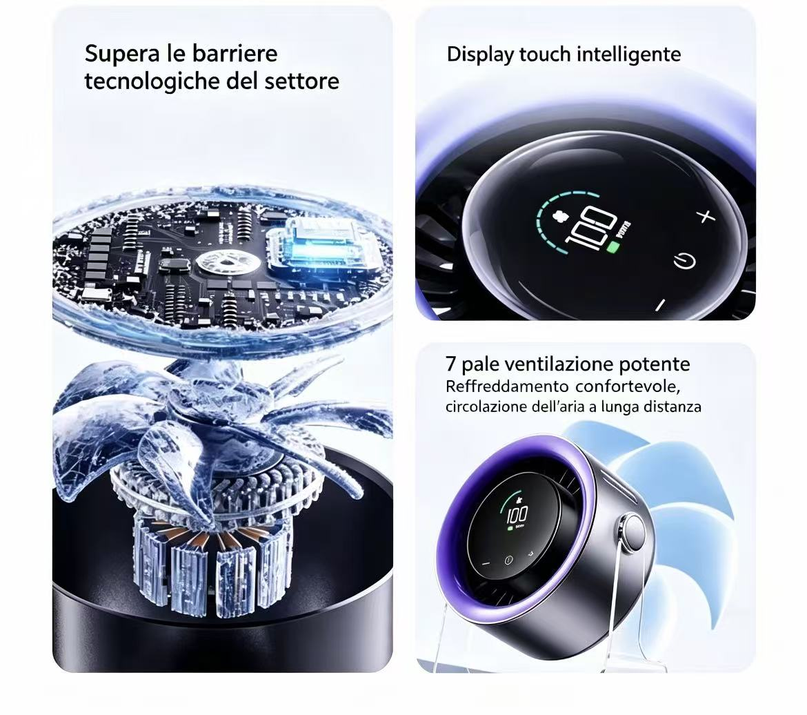 Un ventilatore con display digitale e vista dettagliata della sua tecnologia.