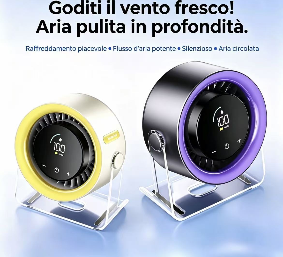 Due ventilatori: uno giallo, uno viola, su supporti trasparenti.