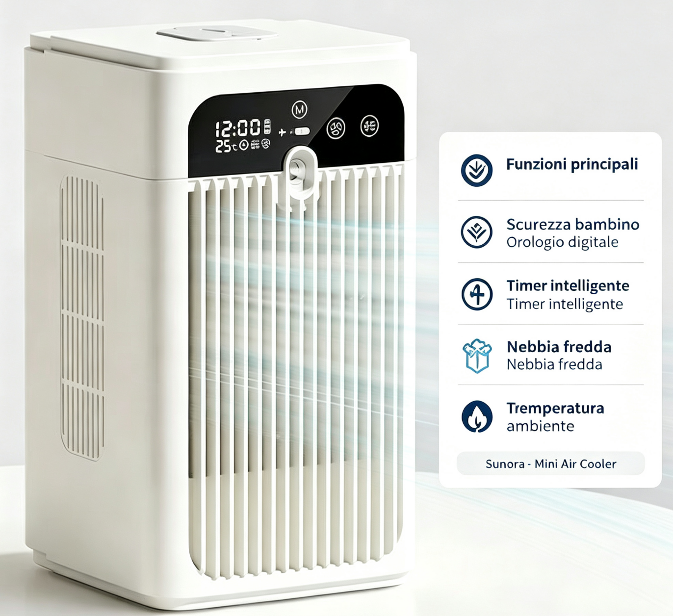Un mini climatizzatore bianco con display digitale che mostra ora e temperatura.