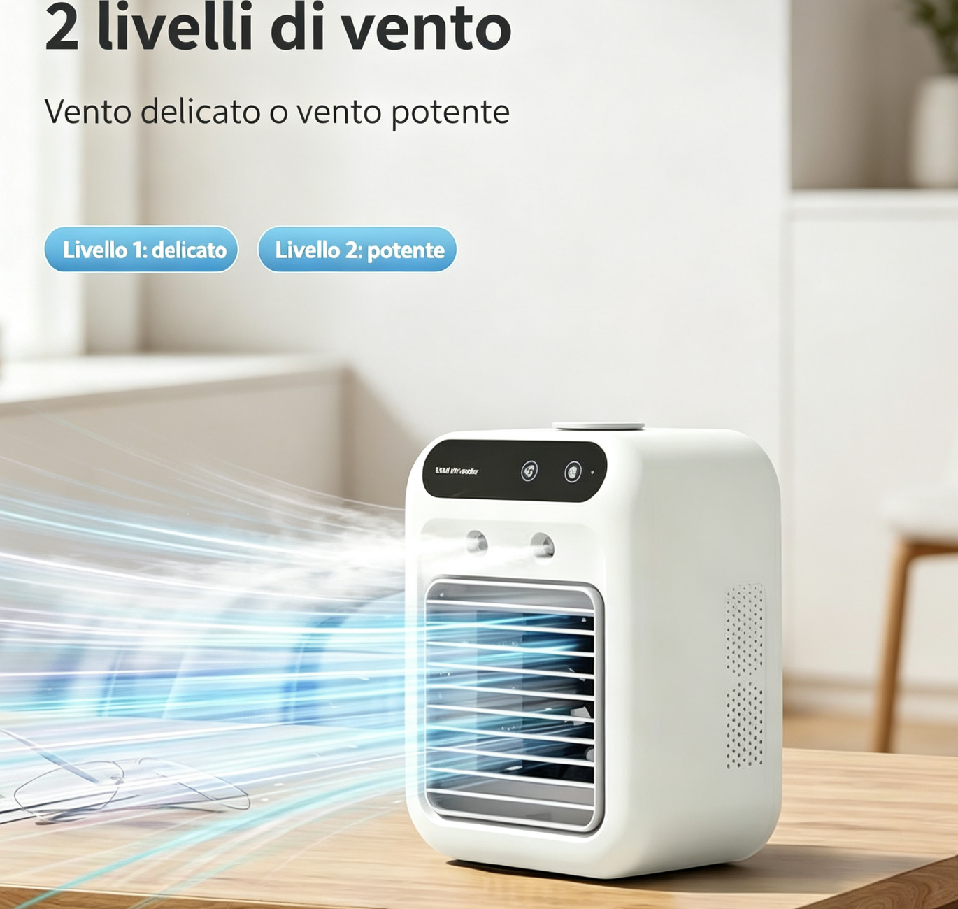 Un ventilatore portatile bianco con flussi d'aria blu su un tavolo di legno.