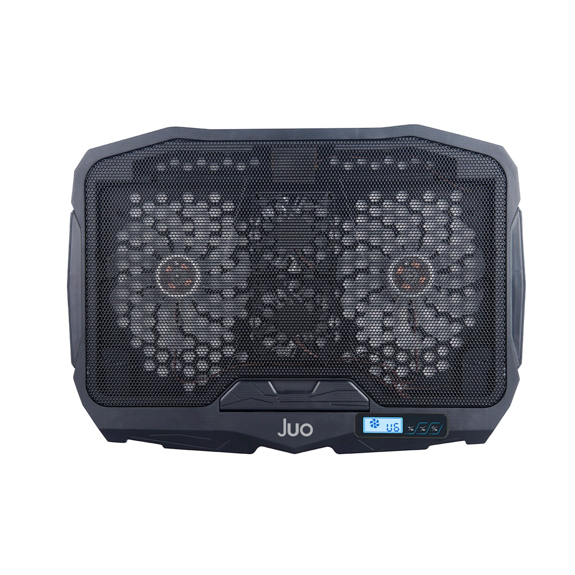 Siyah laptop soğutucu, iki fanlı ve LED ekranlı.