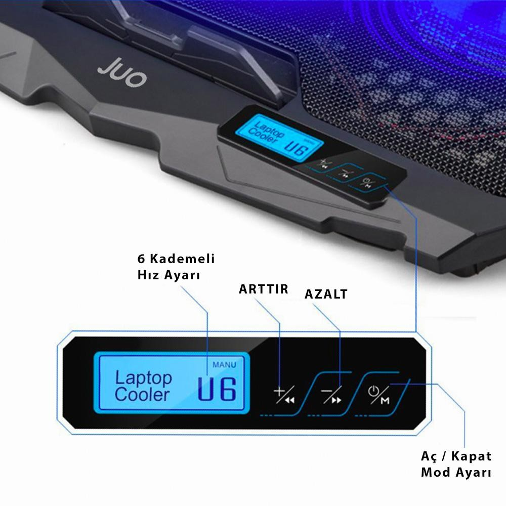 Mavi LED ekrana ve kontrol düğmelerine sahip siyah bir dizüstü bilgisayar soğutucu.