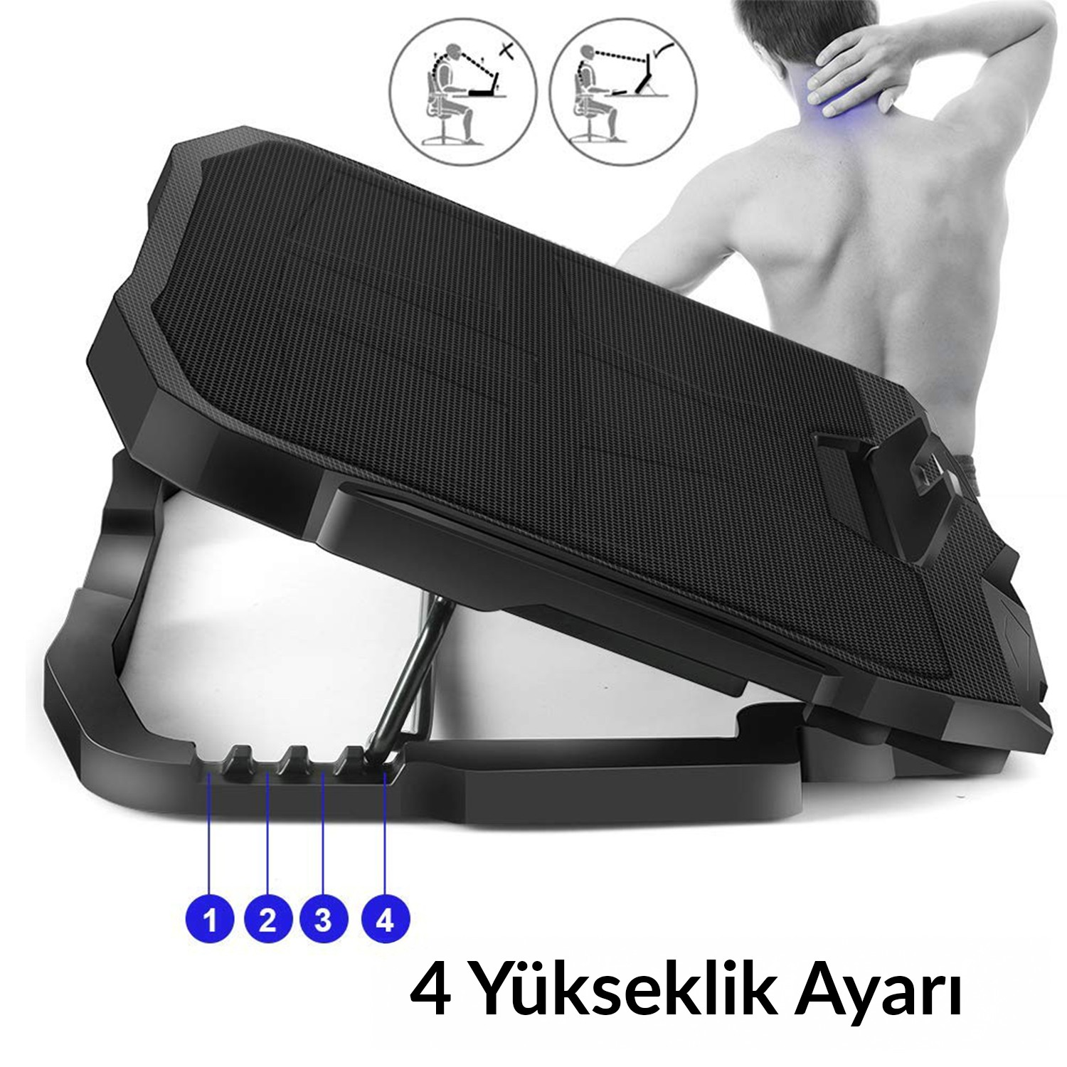 Ergonomik laptop standı, 4 yükseklik ayarı, boynunu ovuşturuan bir kişi.