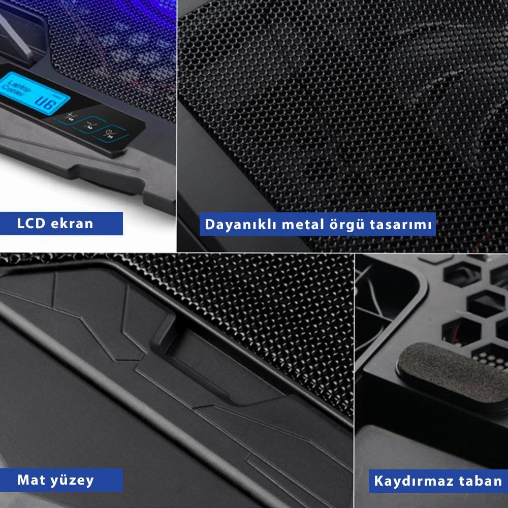 LCD ekranlı ve metal ızgaralı siyah laptop soğutucunun yakın çekimi.