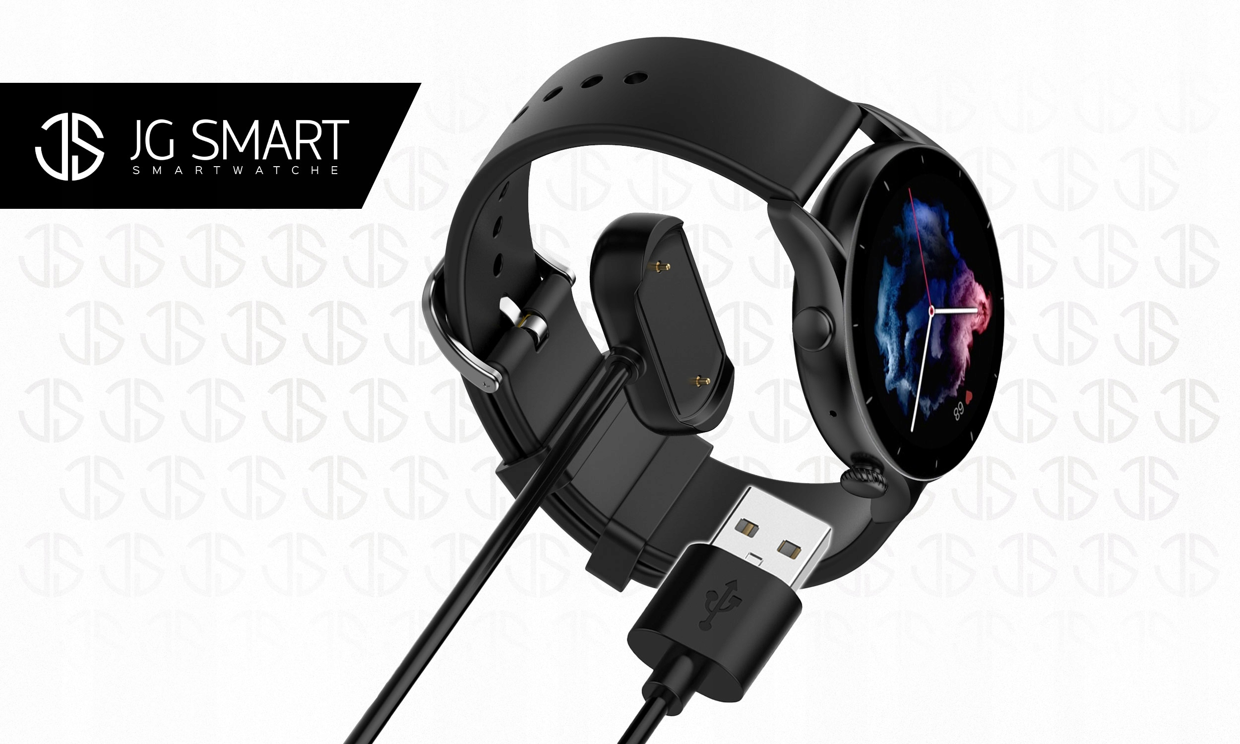 Czarny smartwatch ładuje się za pomocą kabla USB.