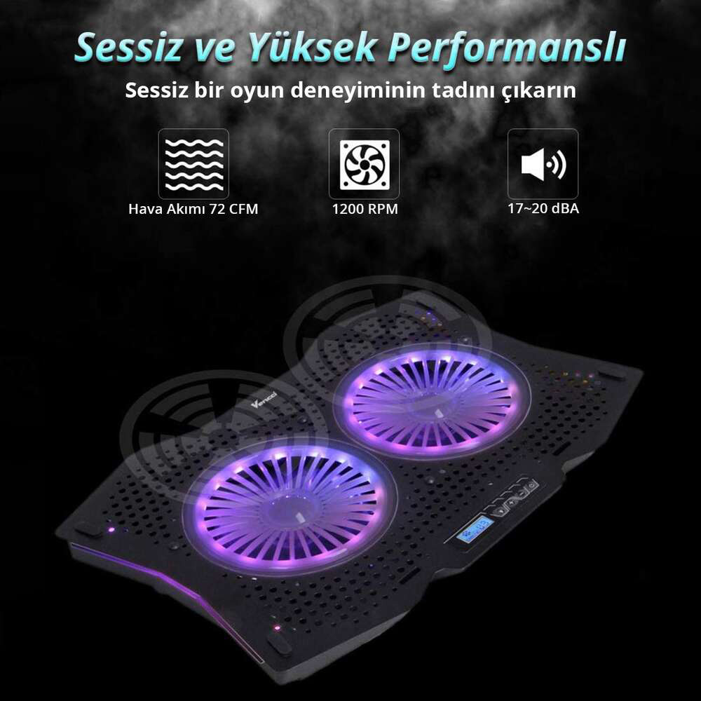 İki aydınlatmalı fanı ve performans özellikleriyle siyah laptop soğutucu.